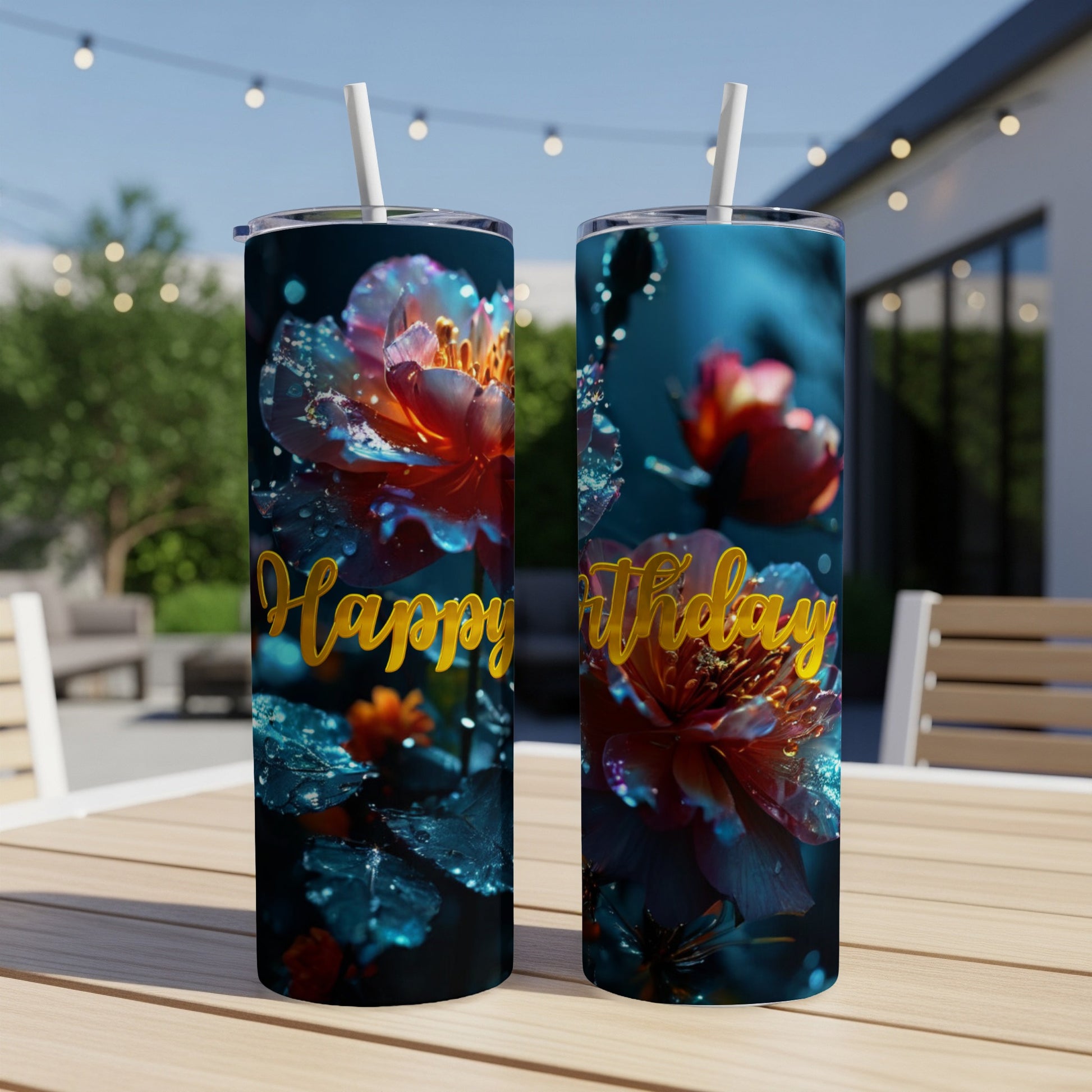 Two tumblers with floral design and "Happy Birthday" text.