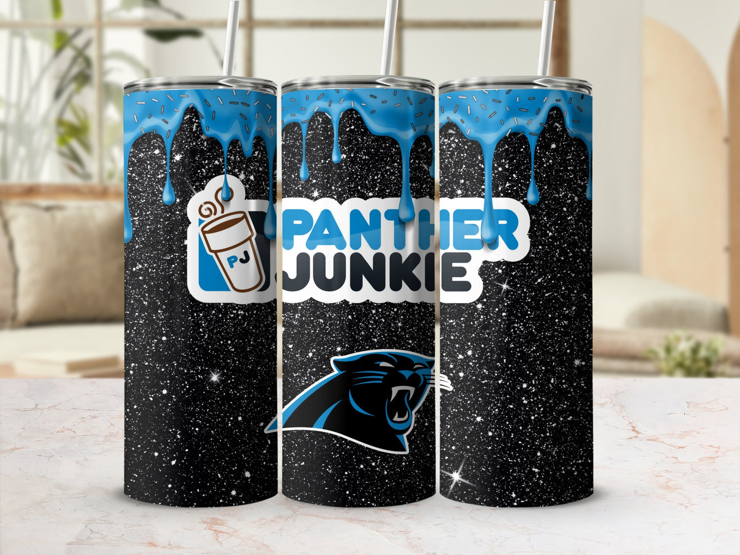 Panther Junkie Blue Dripping Glitter Design Tumbler