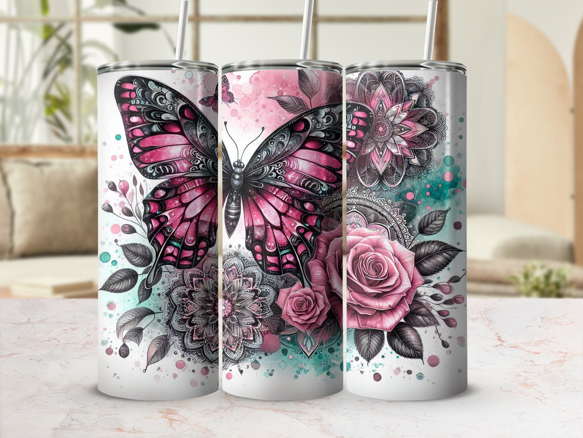 Pink Butterfly Mandala Floral Tumbler Design product type