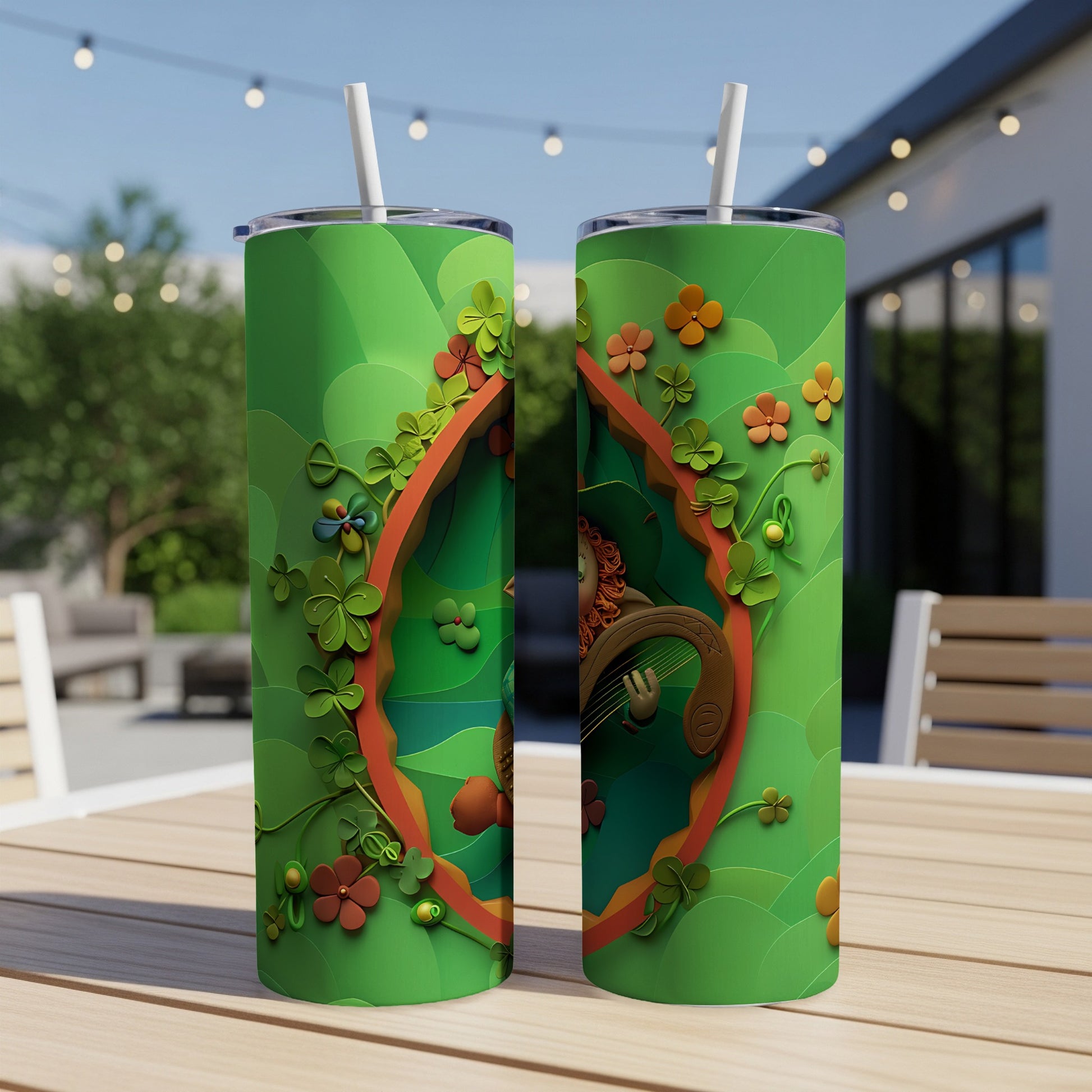 St. Patrick's Day tumbler with shamrocks and a leprechaun playing a harp.