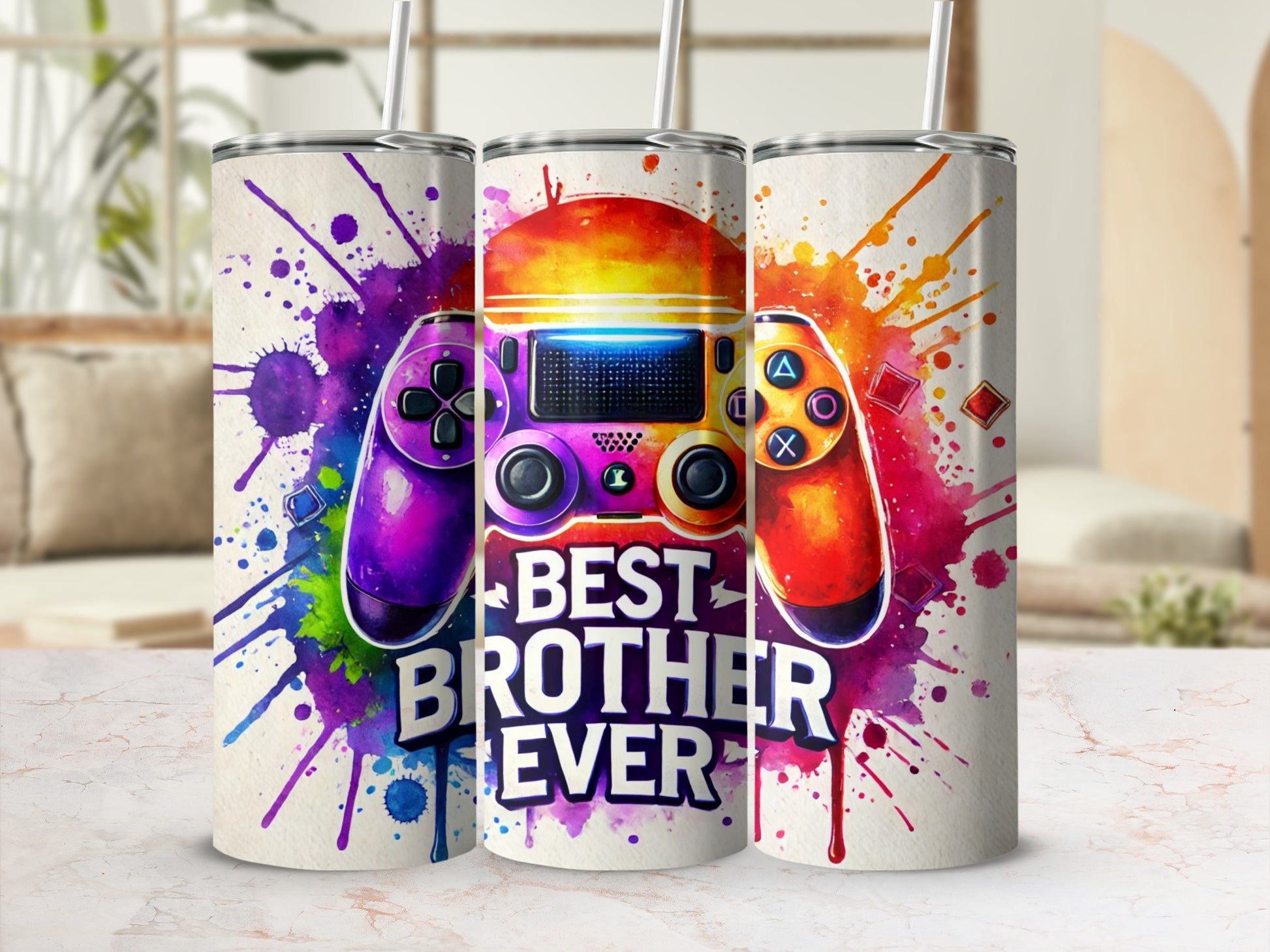 Gaming controller with "Best Brother Ever" text on a colorful splatter background.