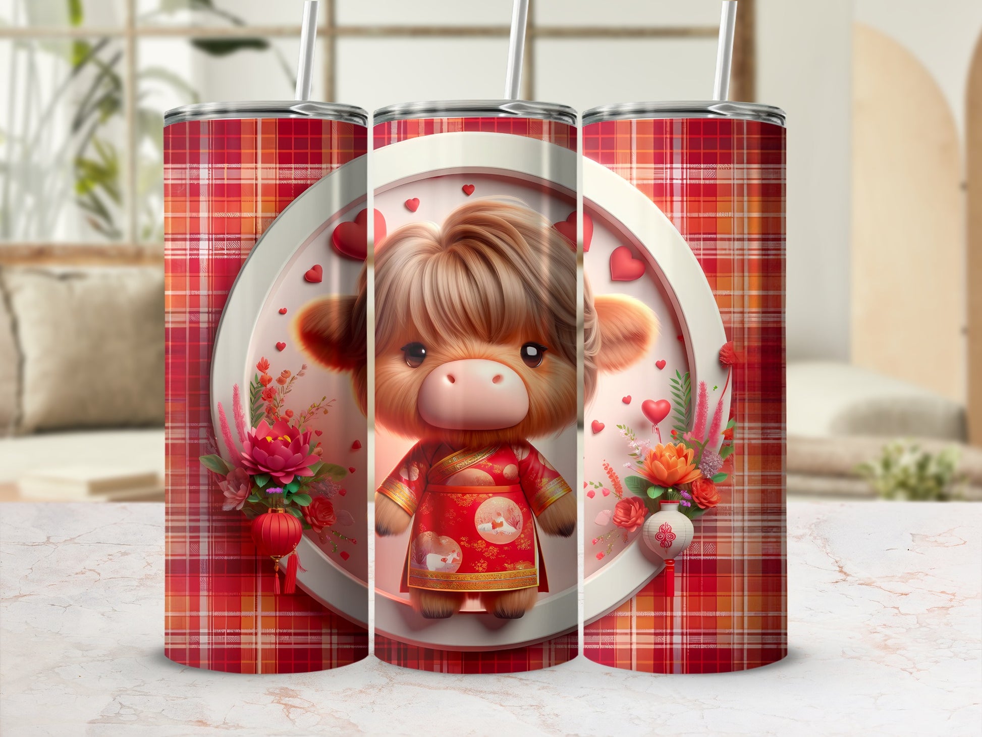 Cute cow in red outfit with hearts and flowers on a plaid background.