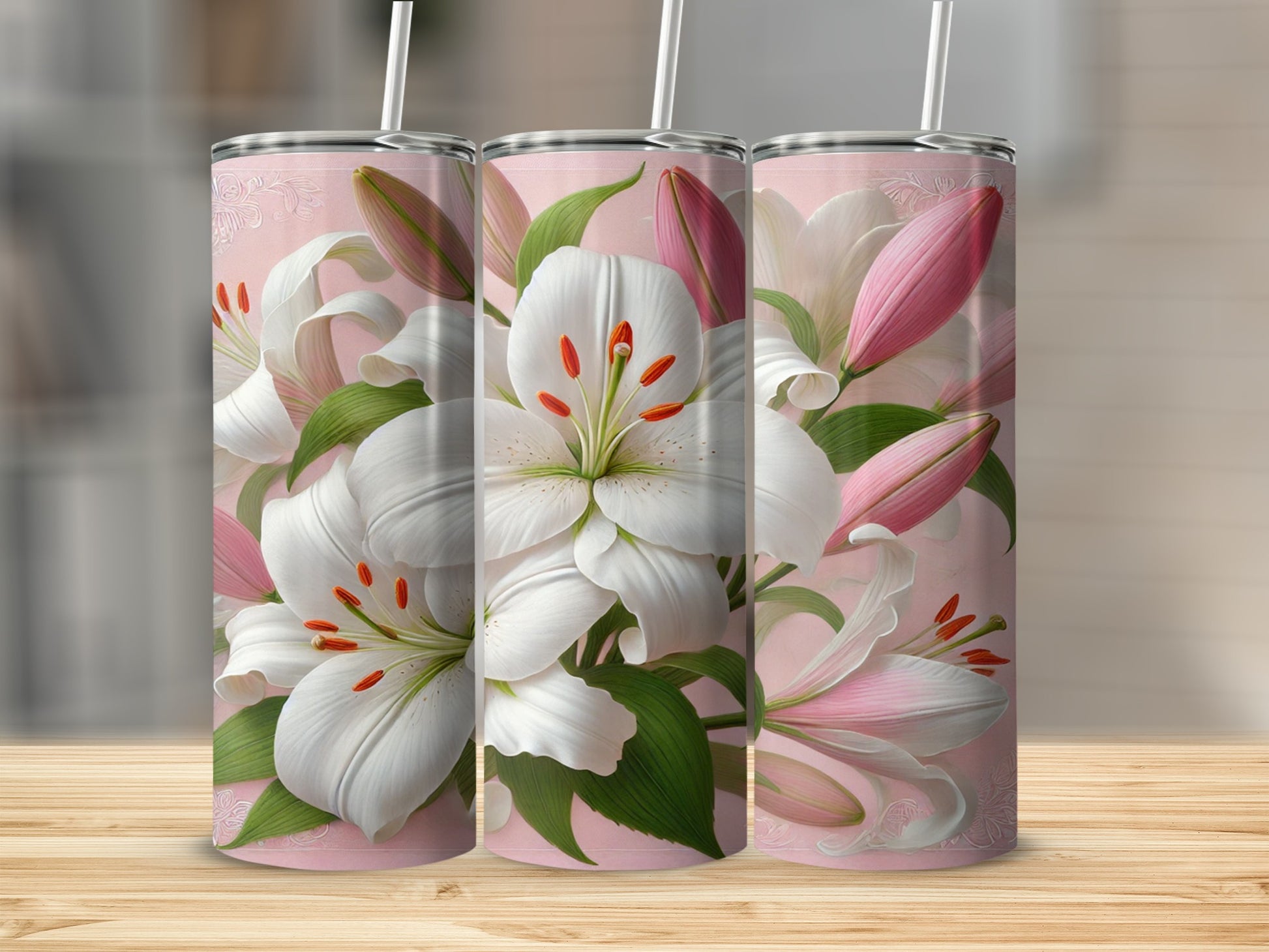 Elegant White Lily and Pink Buds Tumbler Product