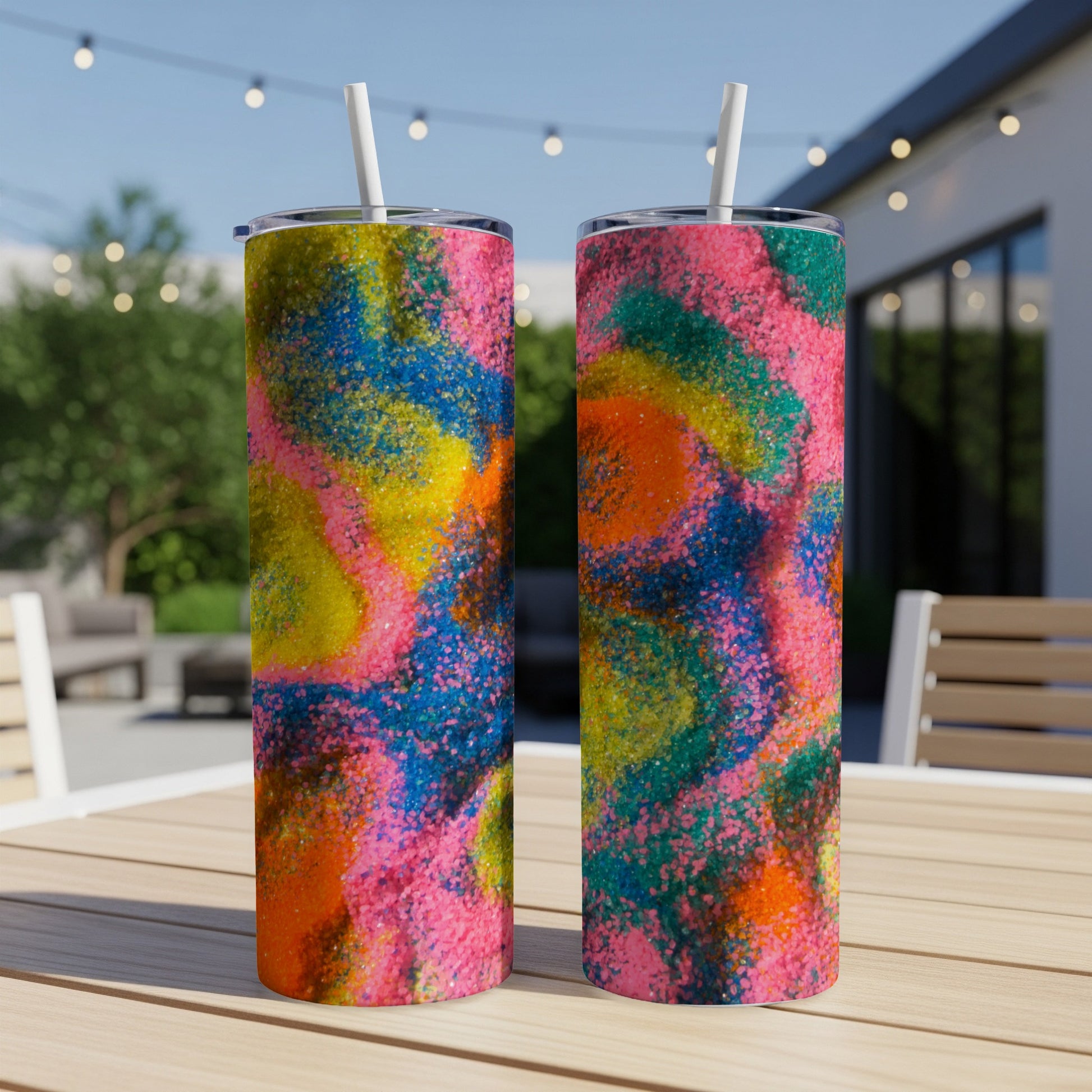 Two tumblers with colorful abstract paint splatter design on a wooden table.