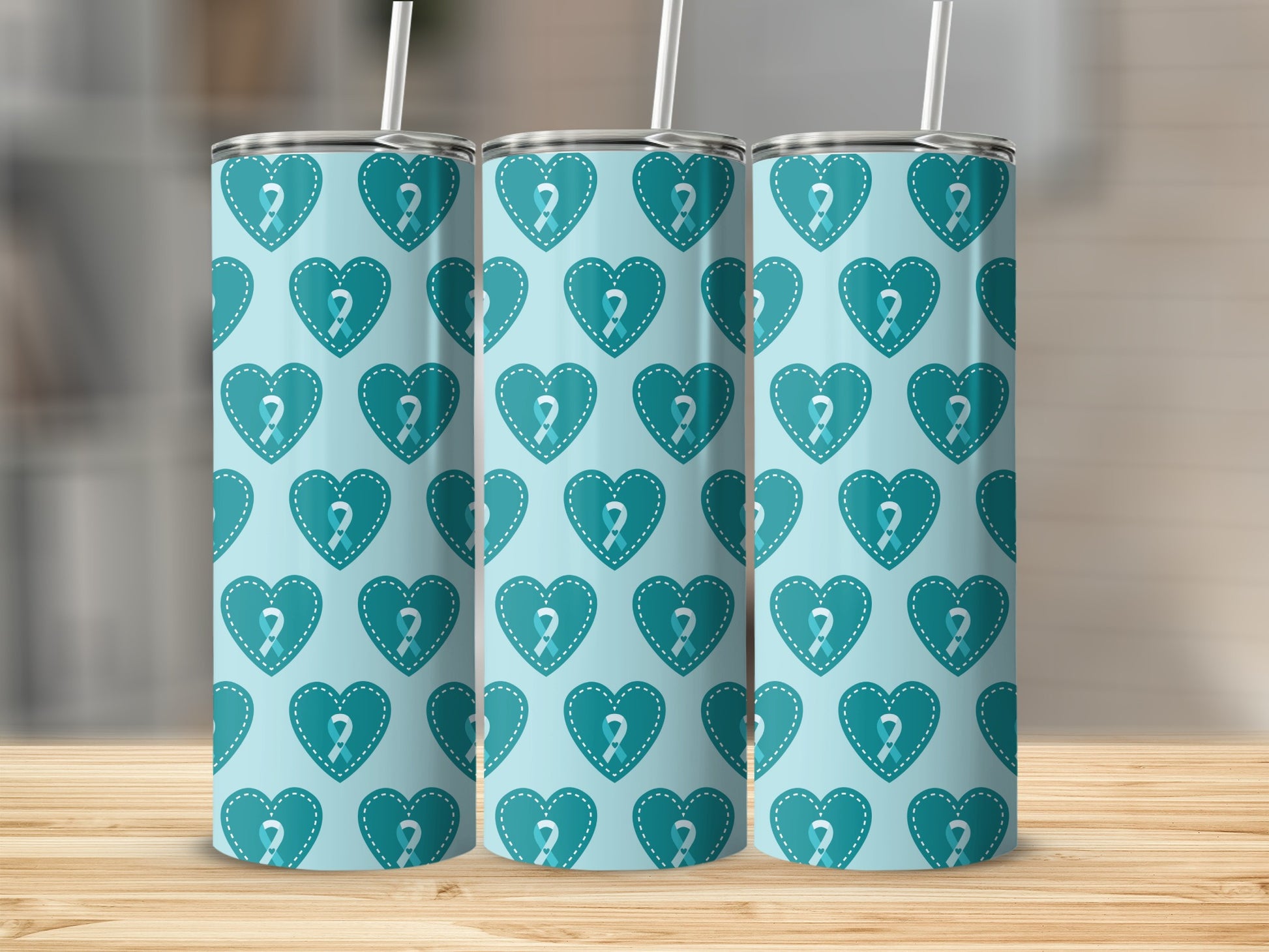 Teal Heart Ribbon Design Tall Stainless Steel Tumbler