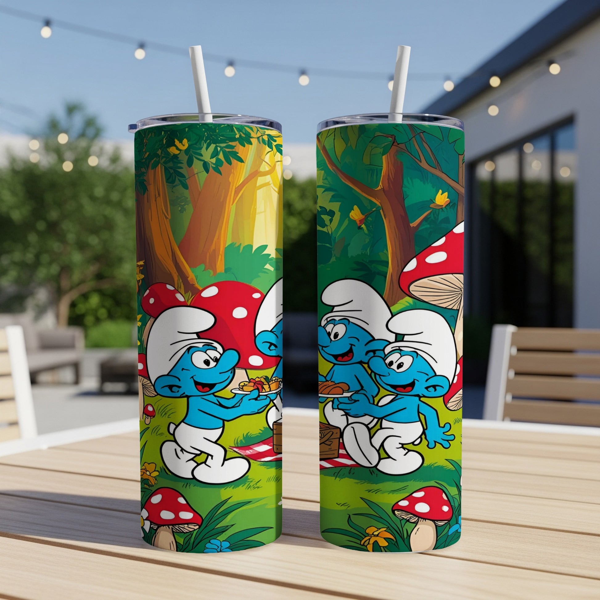 Two Smurfs enjoying a picnic in a forest setting on patterned tumblers.