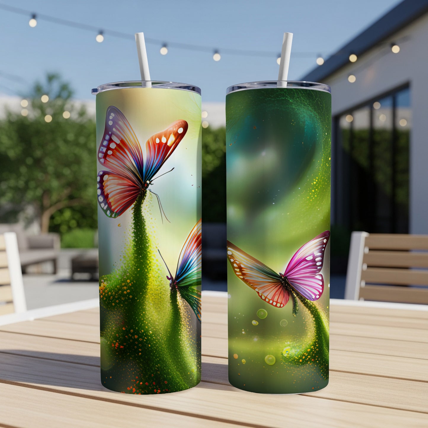 Two tall tumblers with vibrant butterfly art and green swirling backgrounds.
