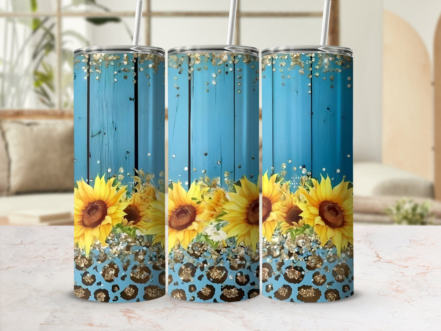Three tumblers with sunflowers and leopard print pattern.