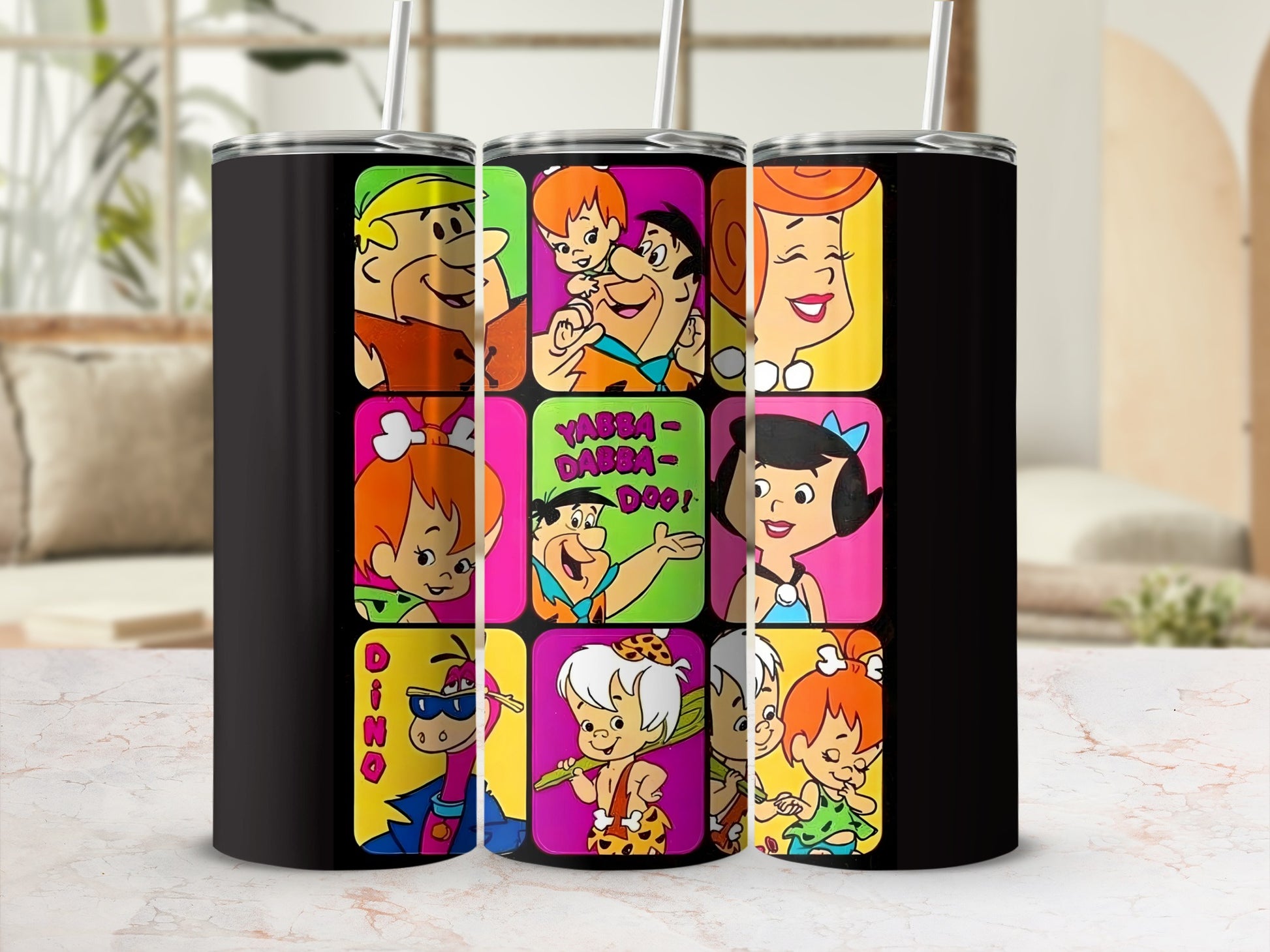 Colorful Cartoon Characters Collage on Black Tumbler