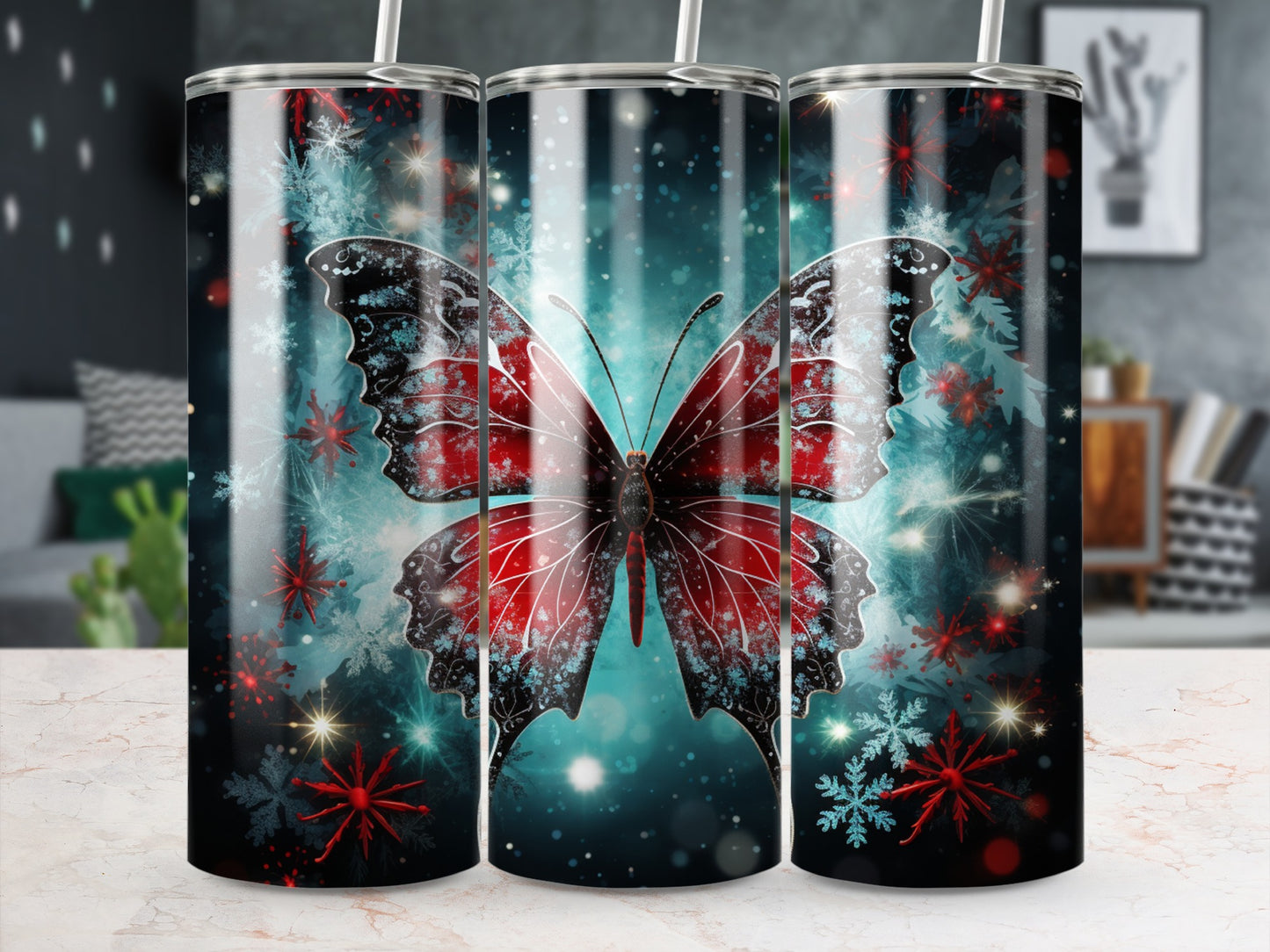 Red butterfly with blue snowflake accents on a sparkling background.
