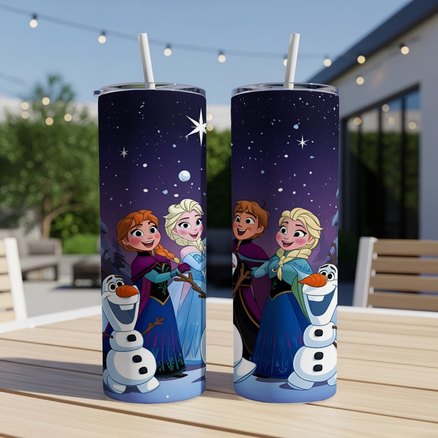Two tumblers with Elsa, Anna, Olaf, and Kristoff from Frozen.