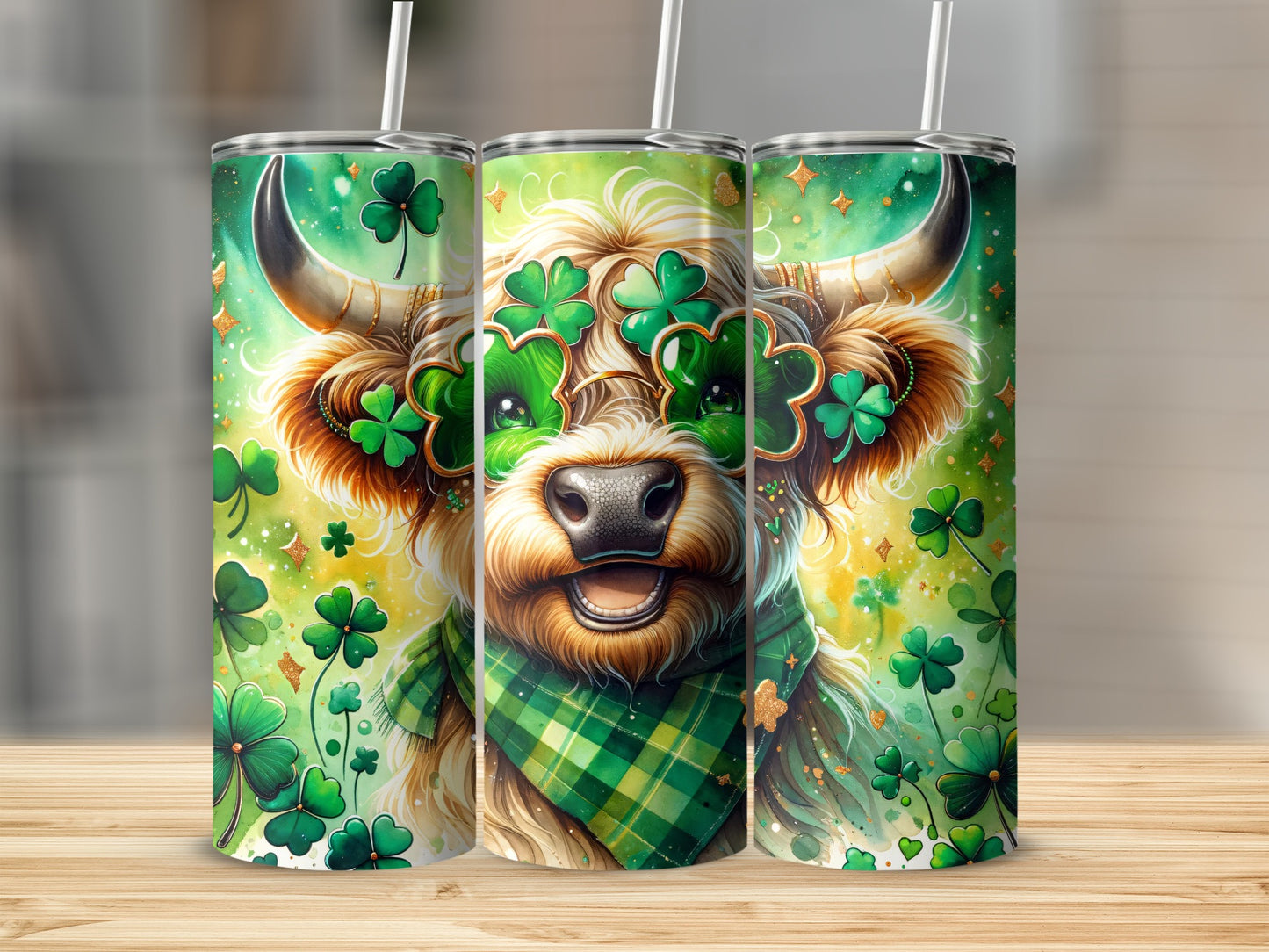 St. Patrick's Day Highland cow with shamrock glasses and bandana.
