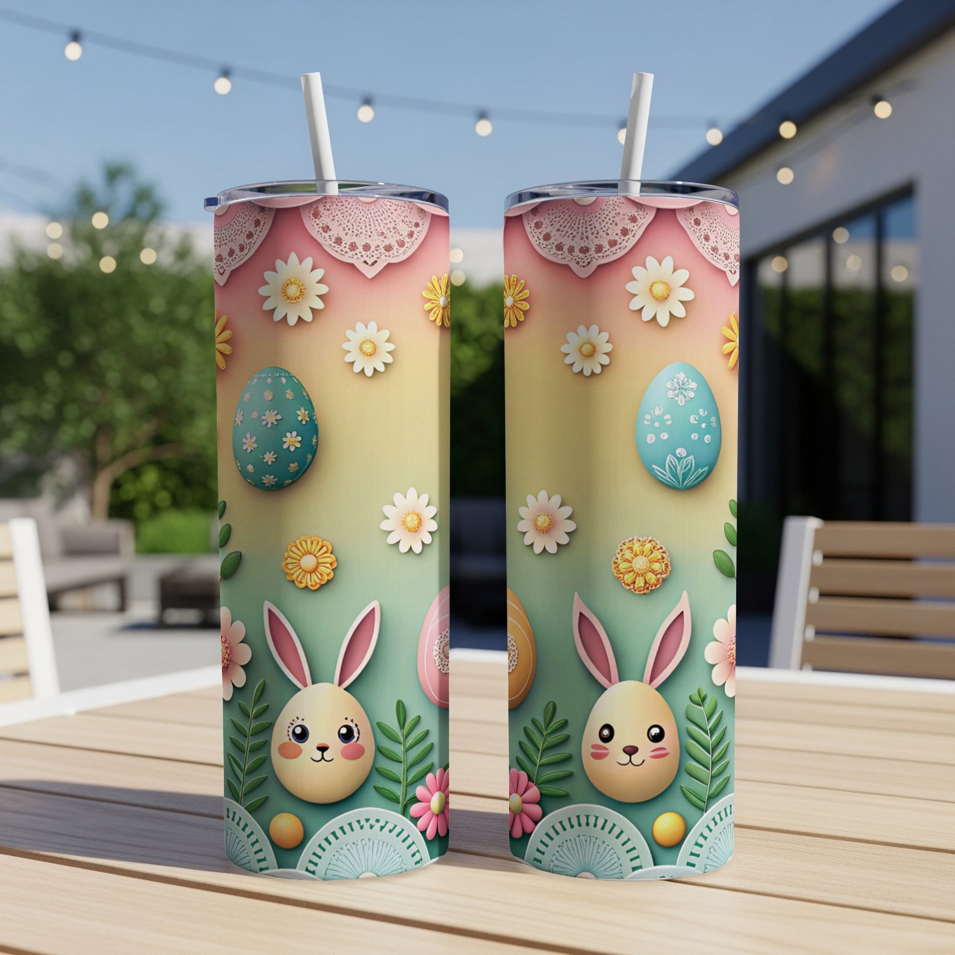 Two Easter-themed tumblers with bunnies, eggs, and flowers on a gradient background.
