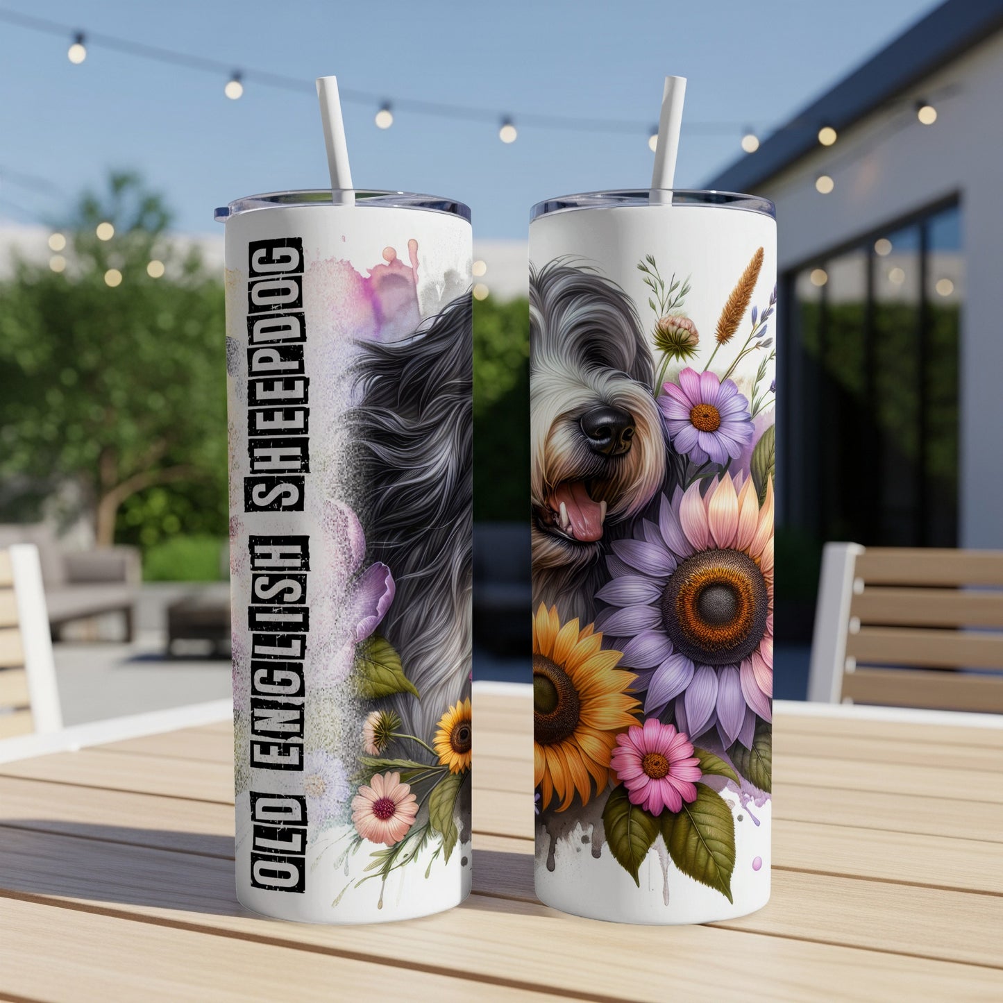 Old English Sheepdog with sunflowers and floral accents on a white tumbler.
