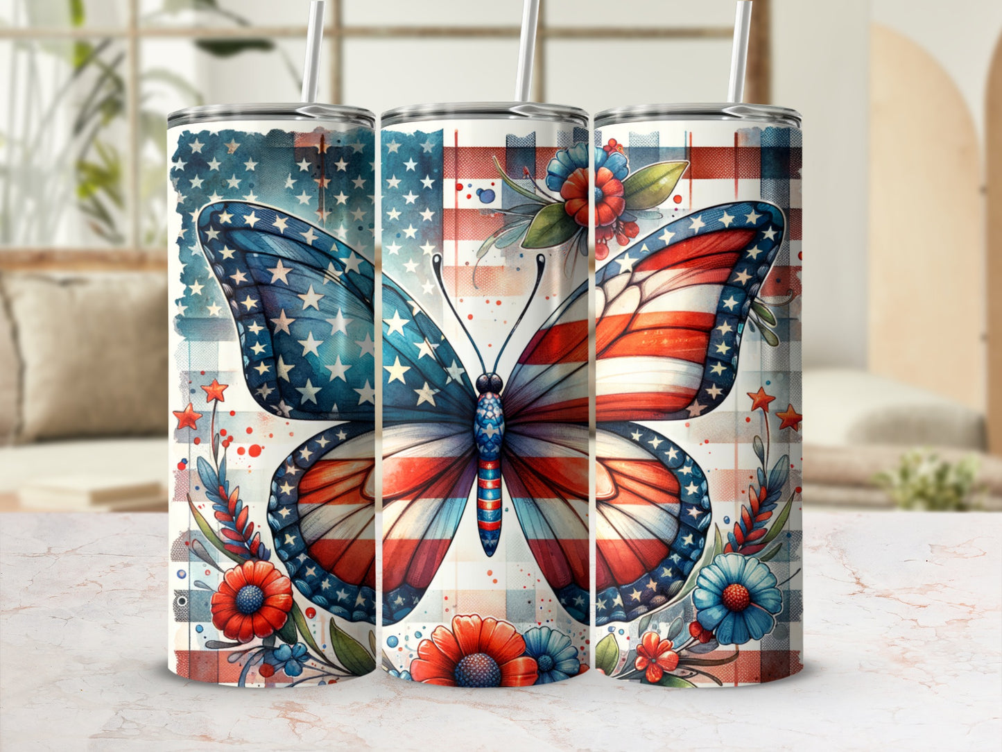 Butterfly tumbler with American flag wings and floral accents.