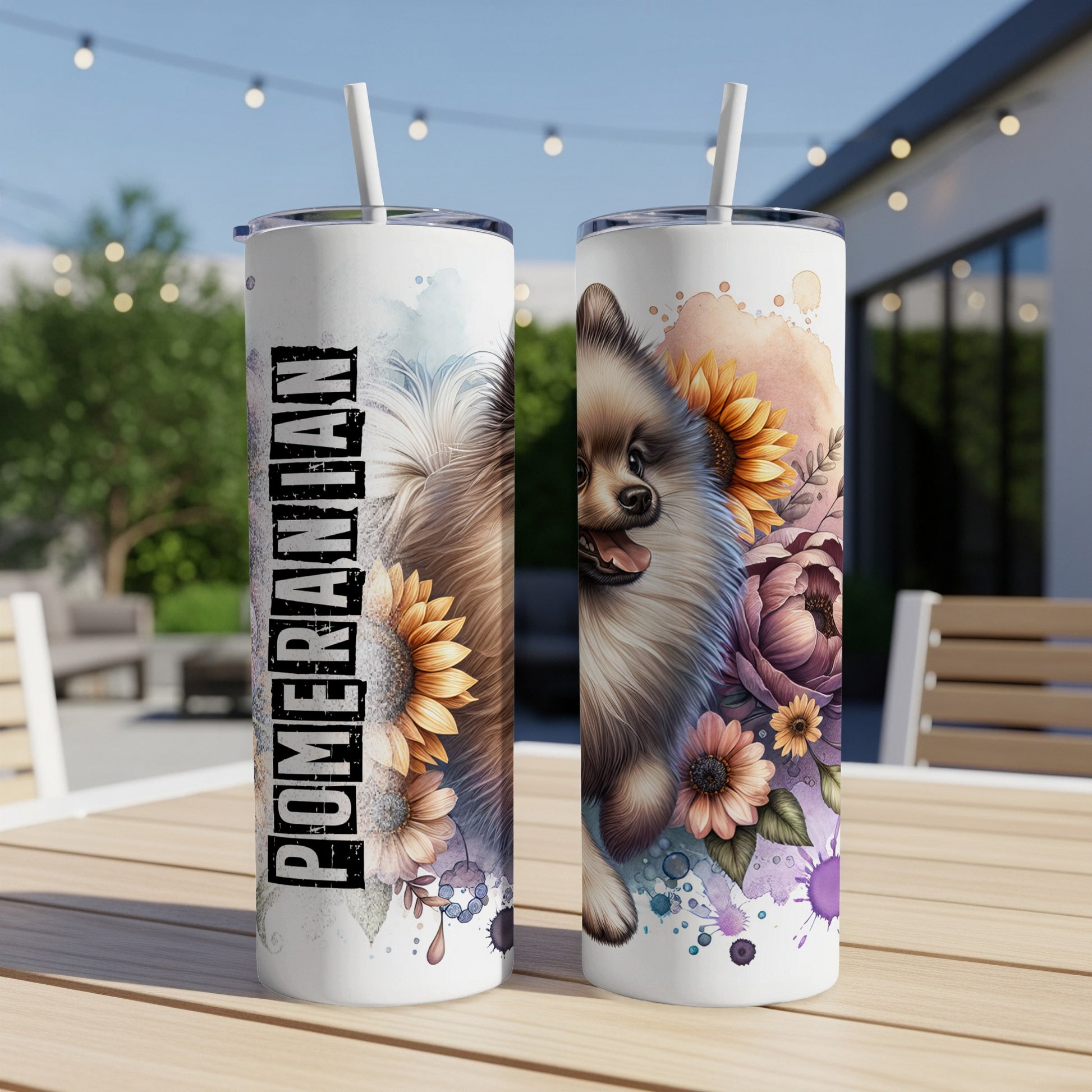 Two Pomeranian tumblers with floral designs and "Pomeranian" text.