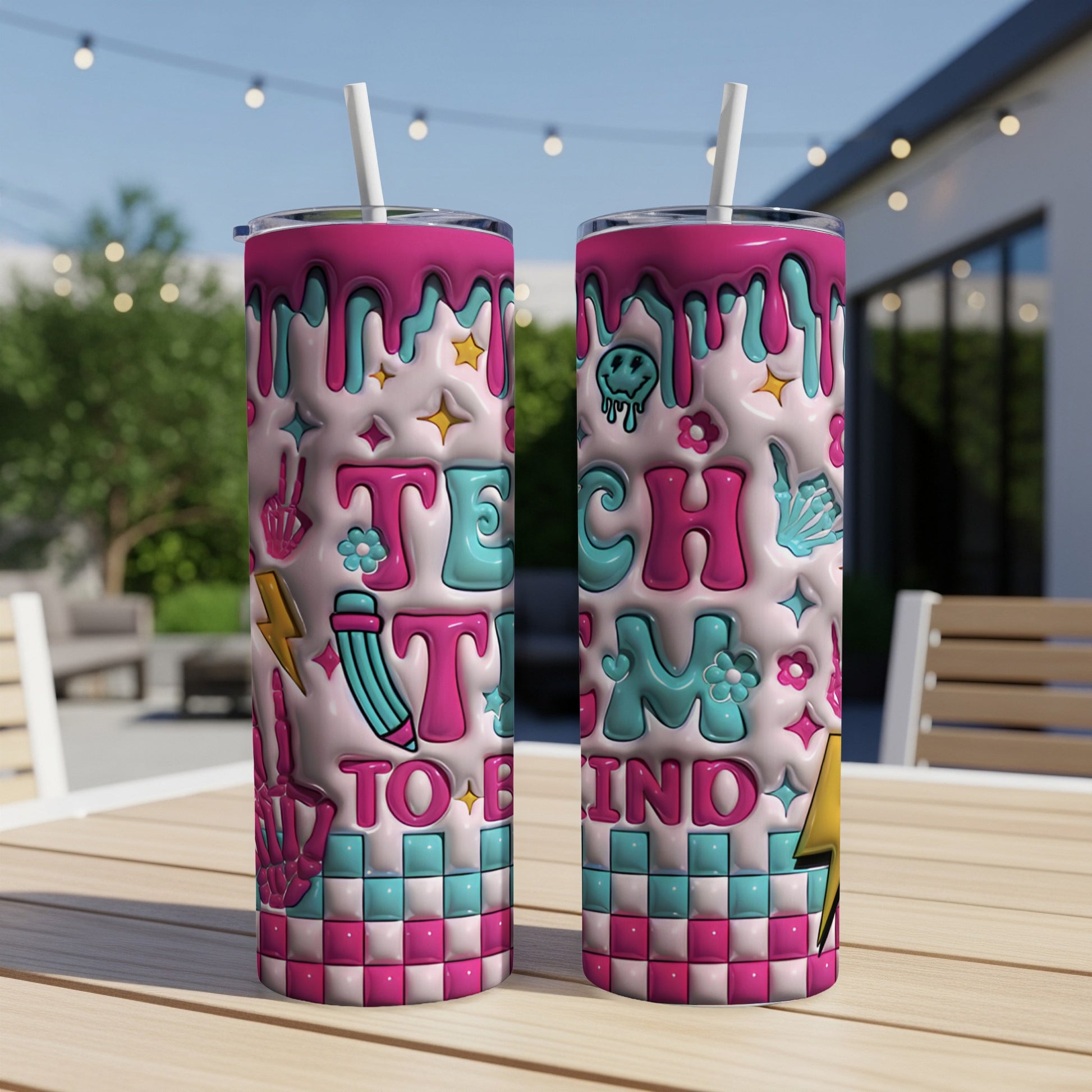 Two tumblers with "TECH TO BLIND" text and colorful, bubbly, retro graphics.