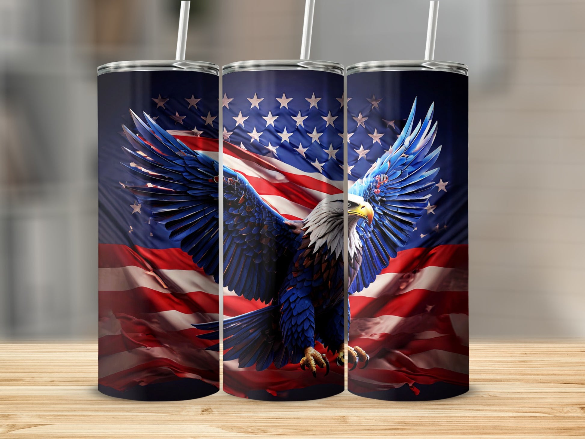 Eagle and American flag design on a set of three tumblers.
