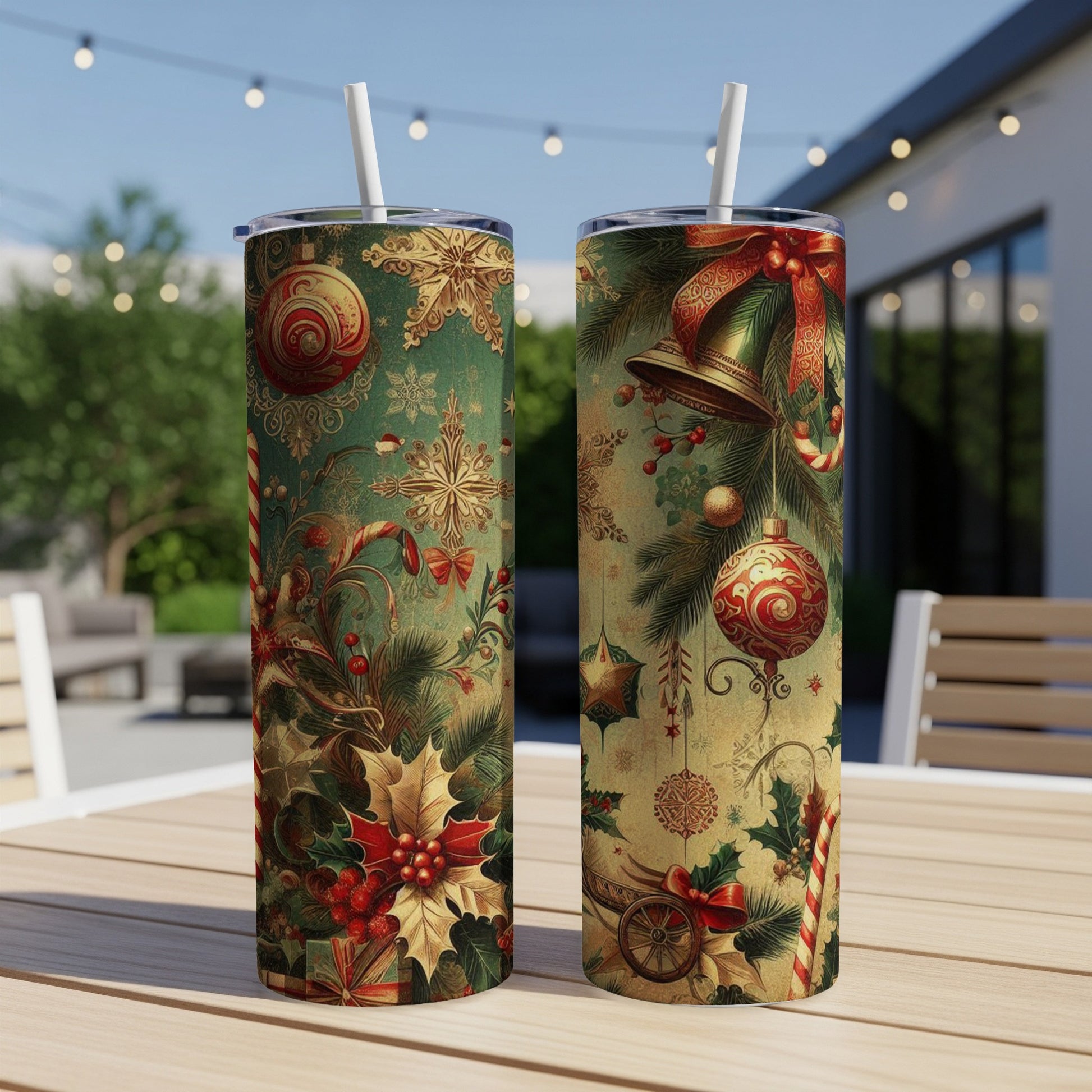 Two festive Christmas tumblers with holly, ornaments, and bells on outdoor table.