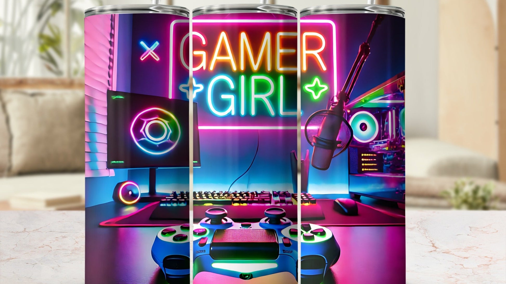 Gamer Girl Neon Lights Gaming Desk Tumbler Product