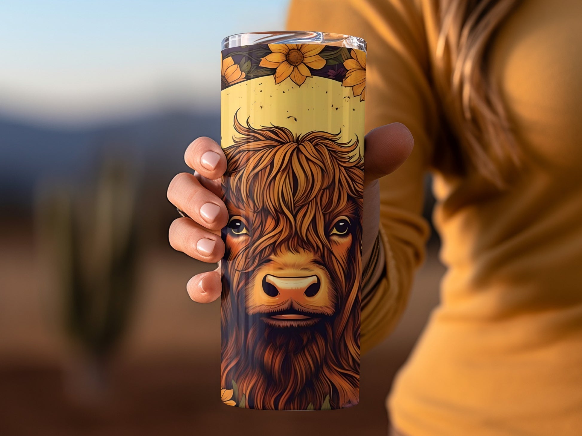 Highland Cow Art Tumbler with Sunflower Design