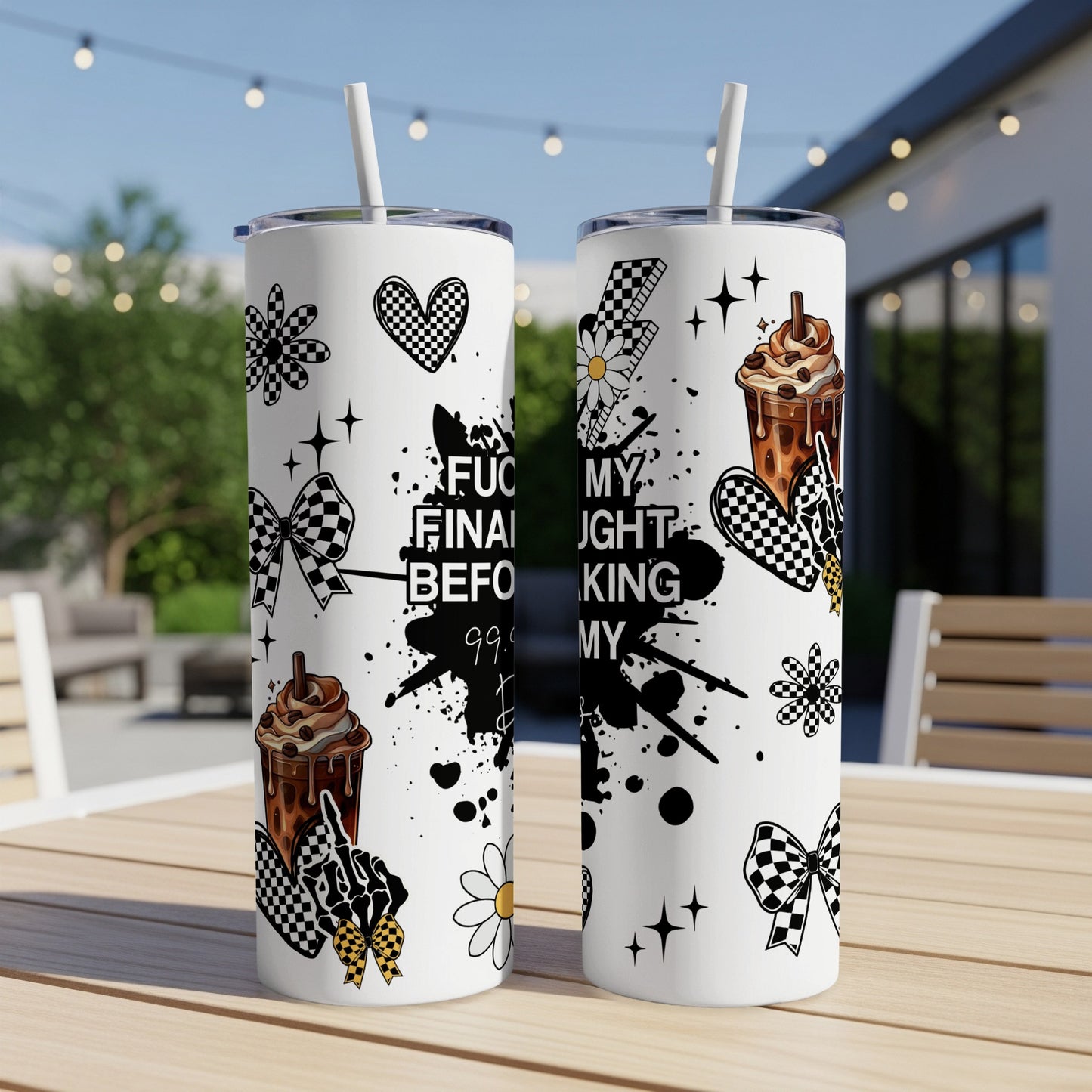 Two white tumblers with black splatter, hearts, and checkered flags.