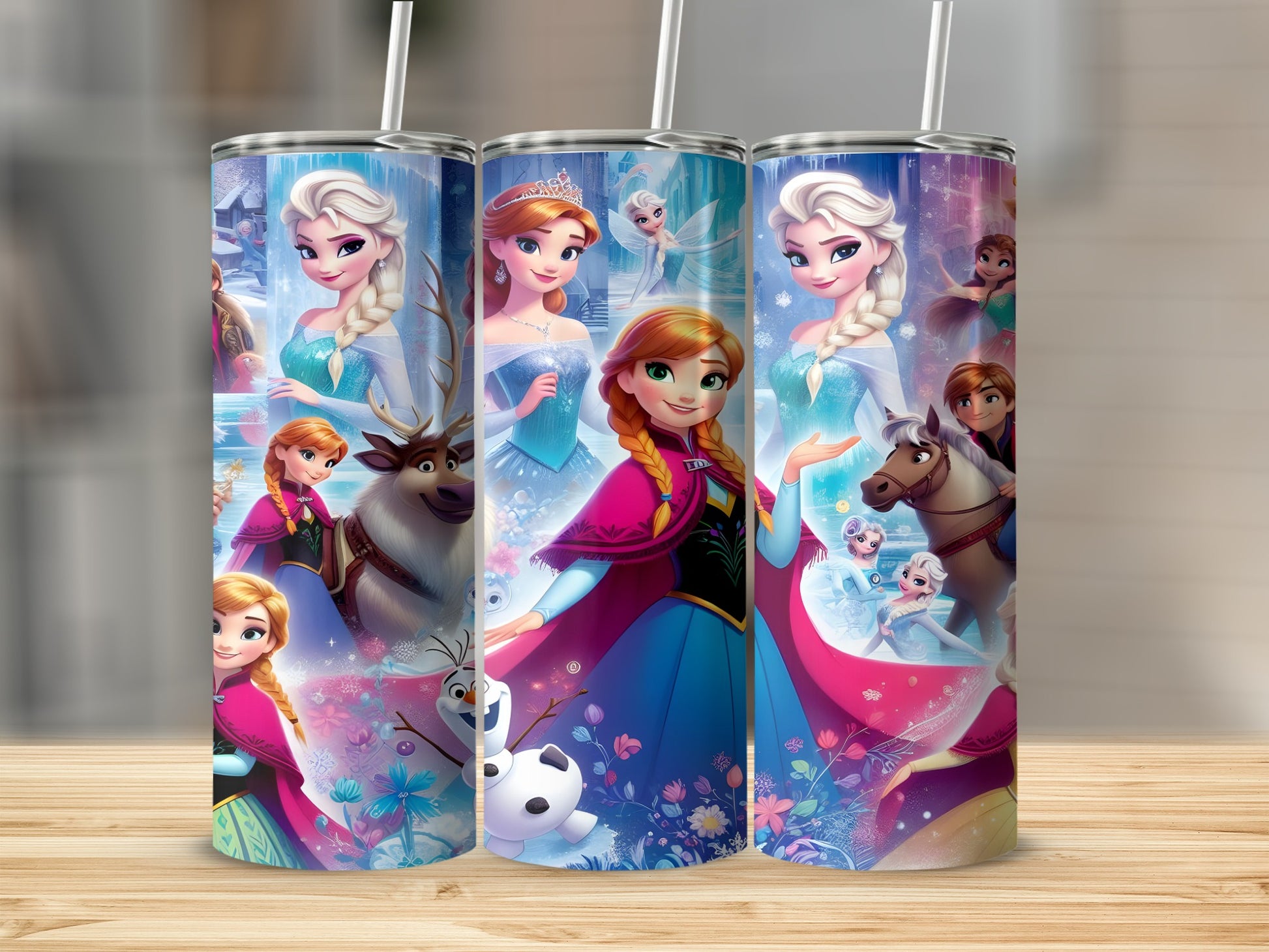 Frozen characters Elsa, Anna, Olaf, and Sven on a patterned tumbler.