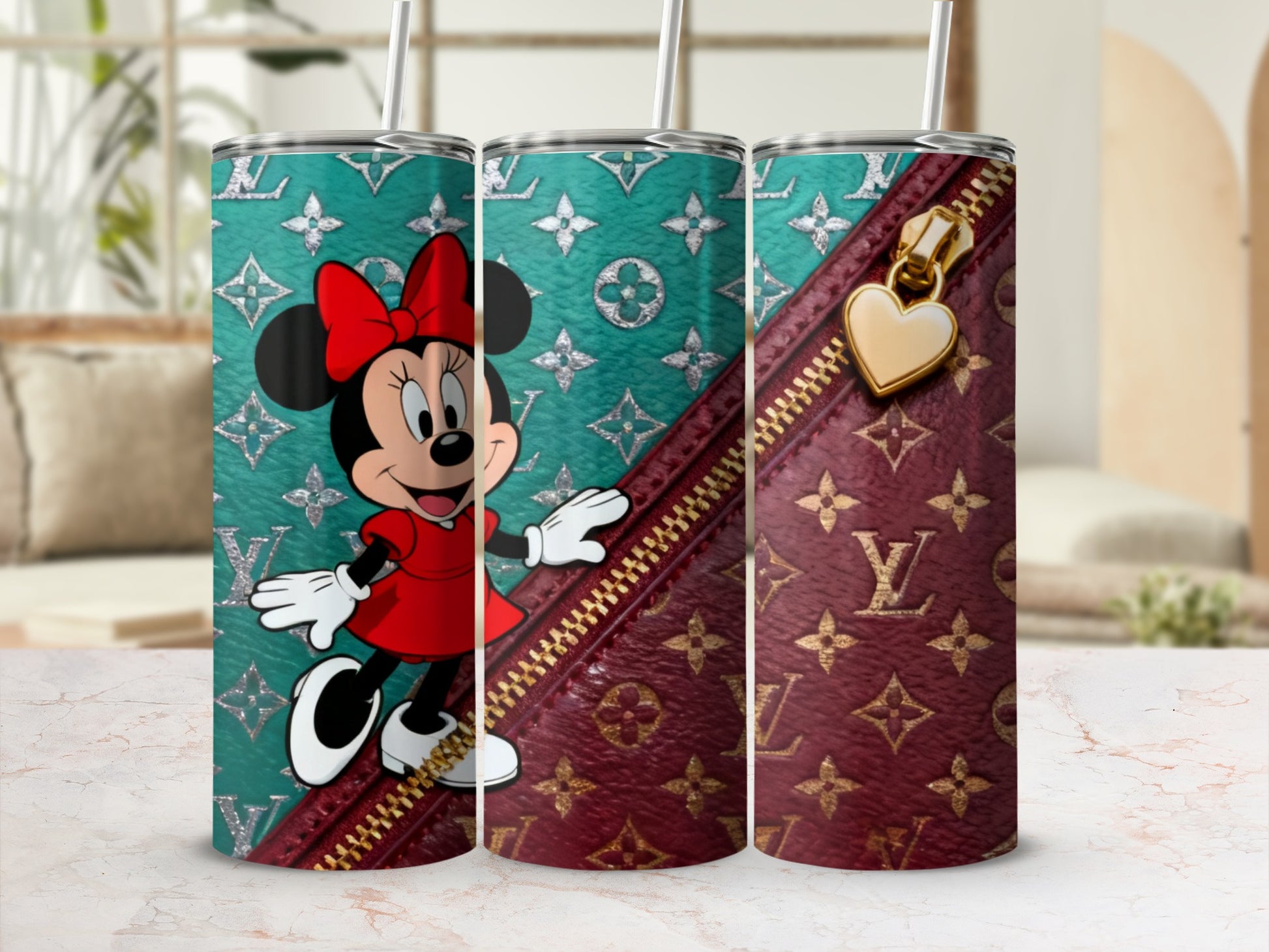 Minnie Mouse on teal and burgundy background with gold zipper and LV pattern.