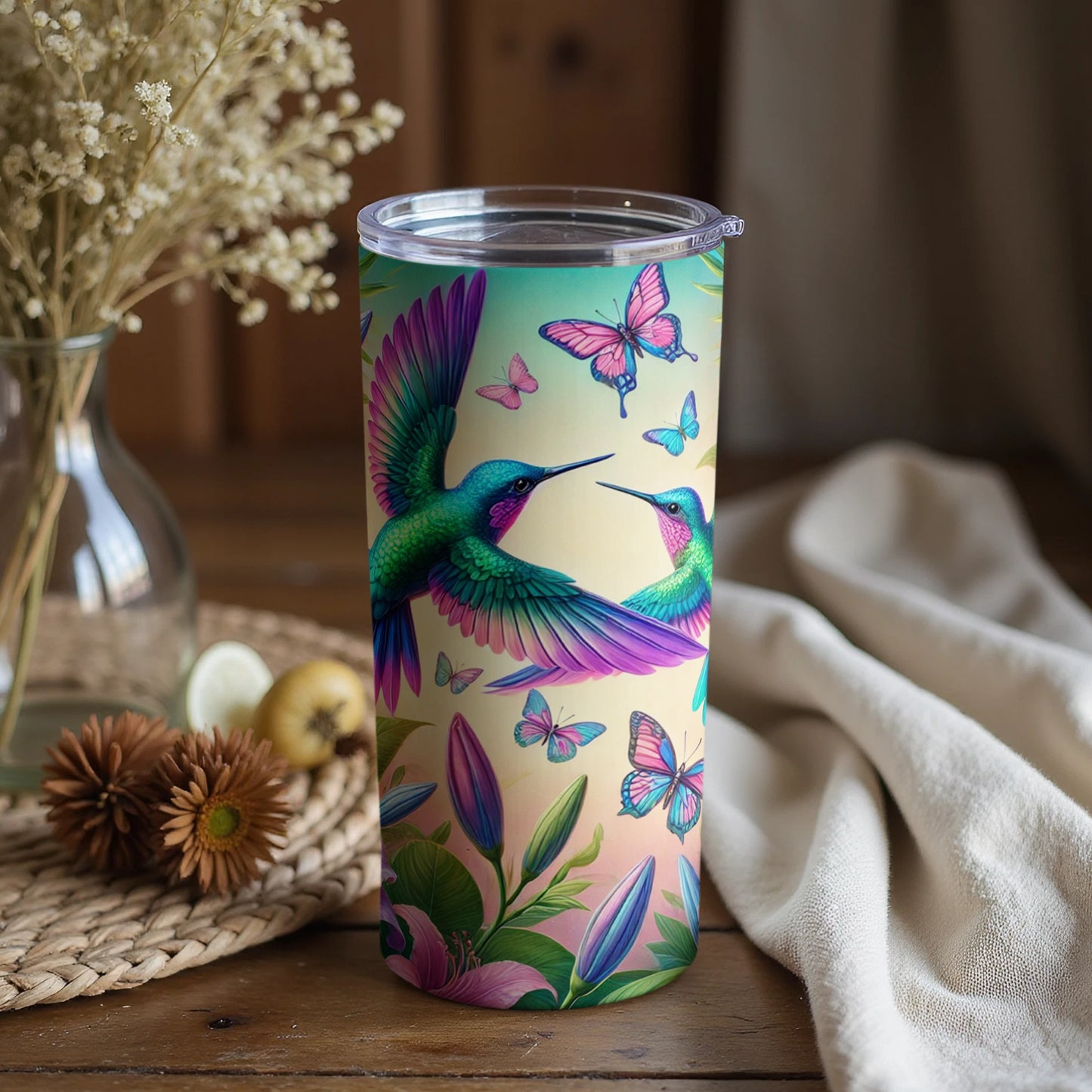Colorful Hummingbirds and Butterflies Travel Mug