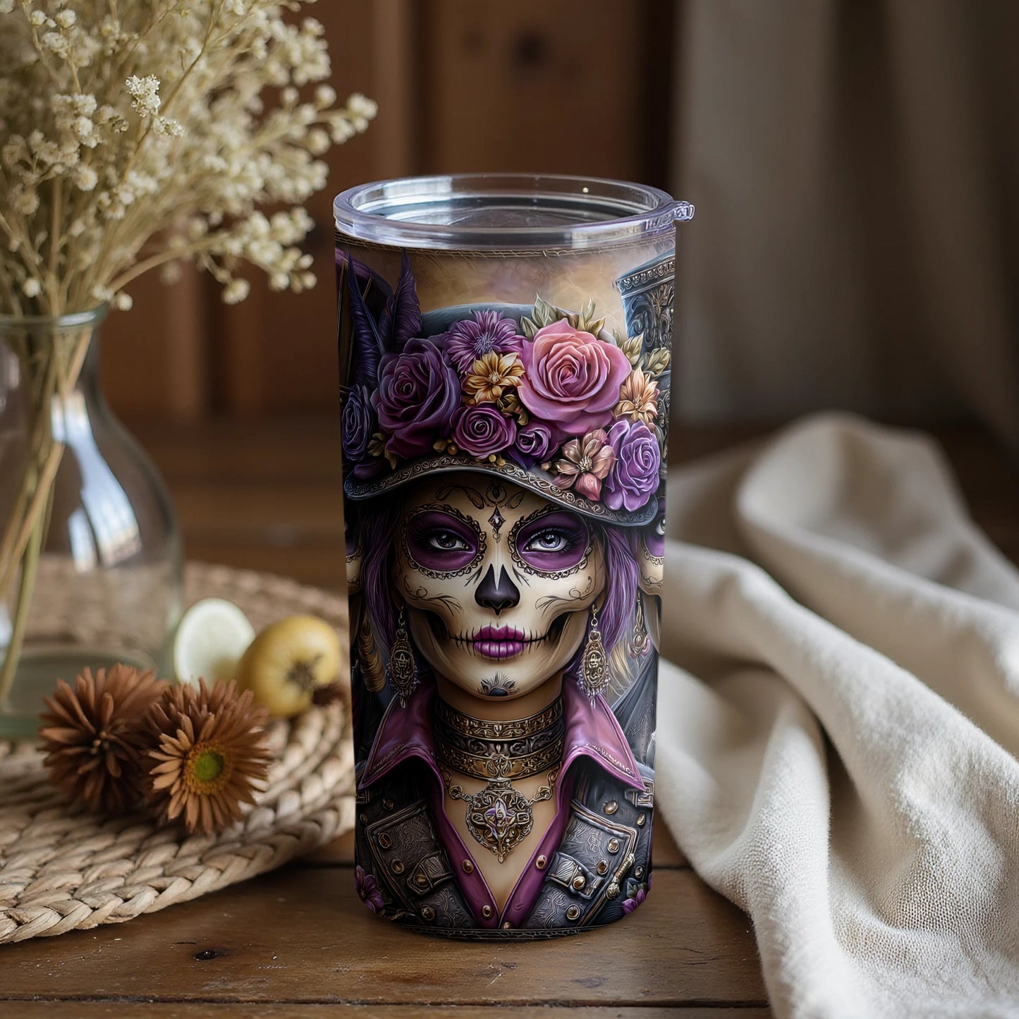 Day of the Dead Skull Lady Floral Design Tumbler