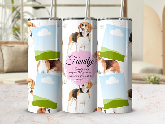 Tumbler with beagles, framed pictures, and the quote "Family is the compass that guides us".