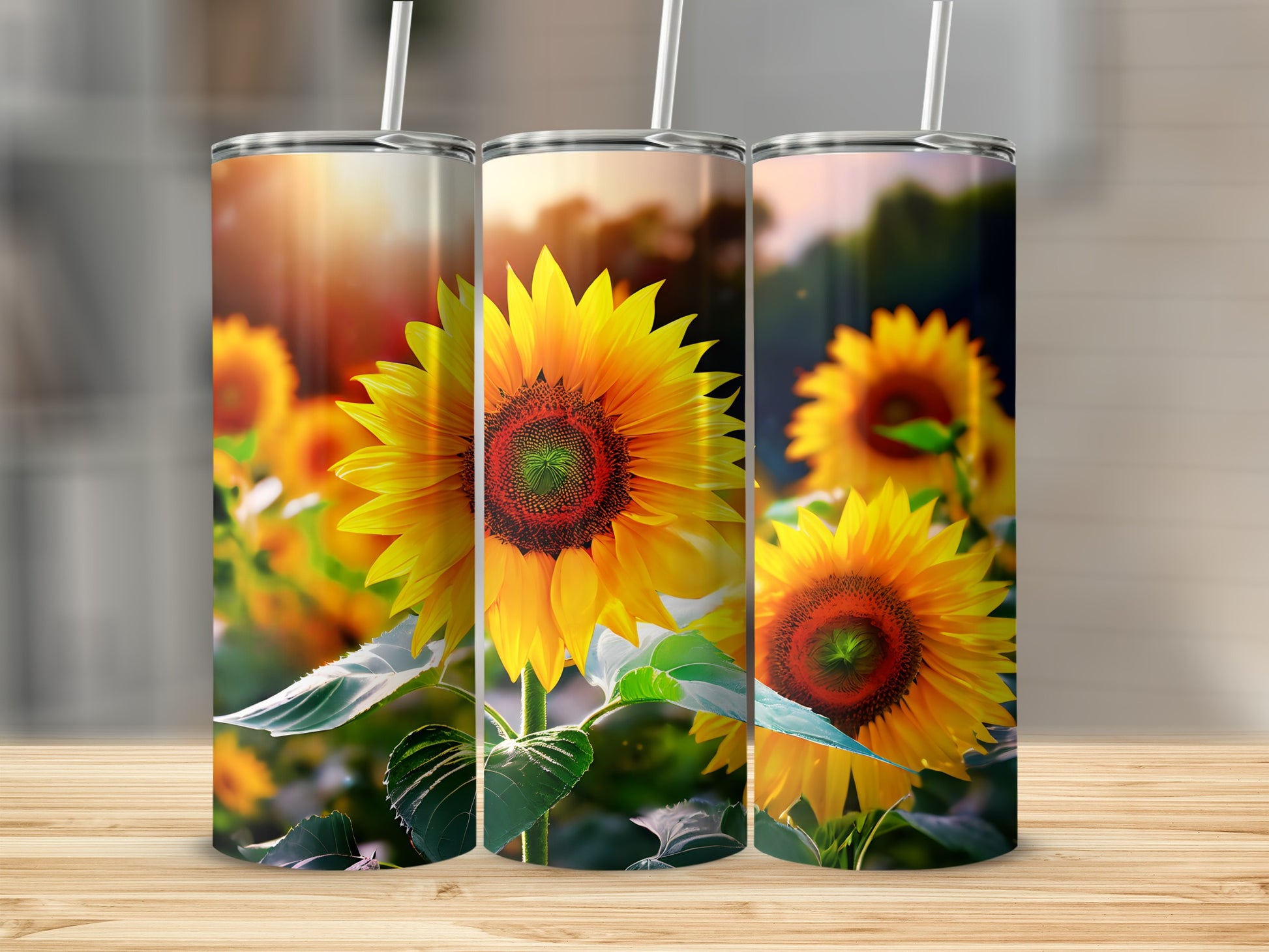 Three tumblers featuring a close-up of a sunflower with a blurred background.