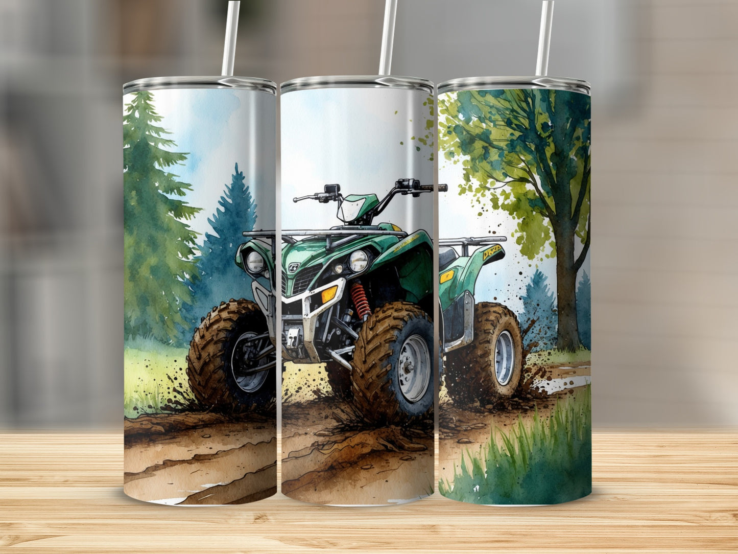 Green ATV kicking up dirt on a wooded trail.