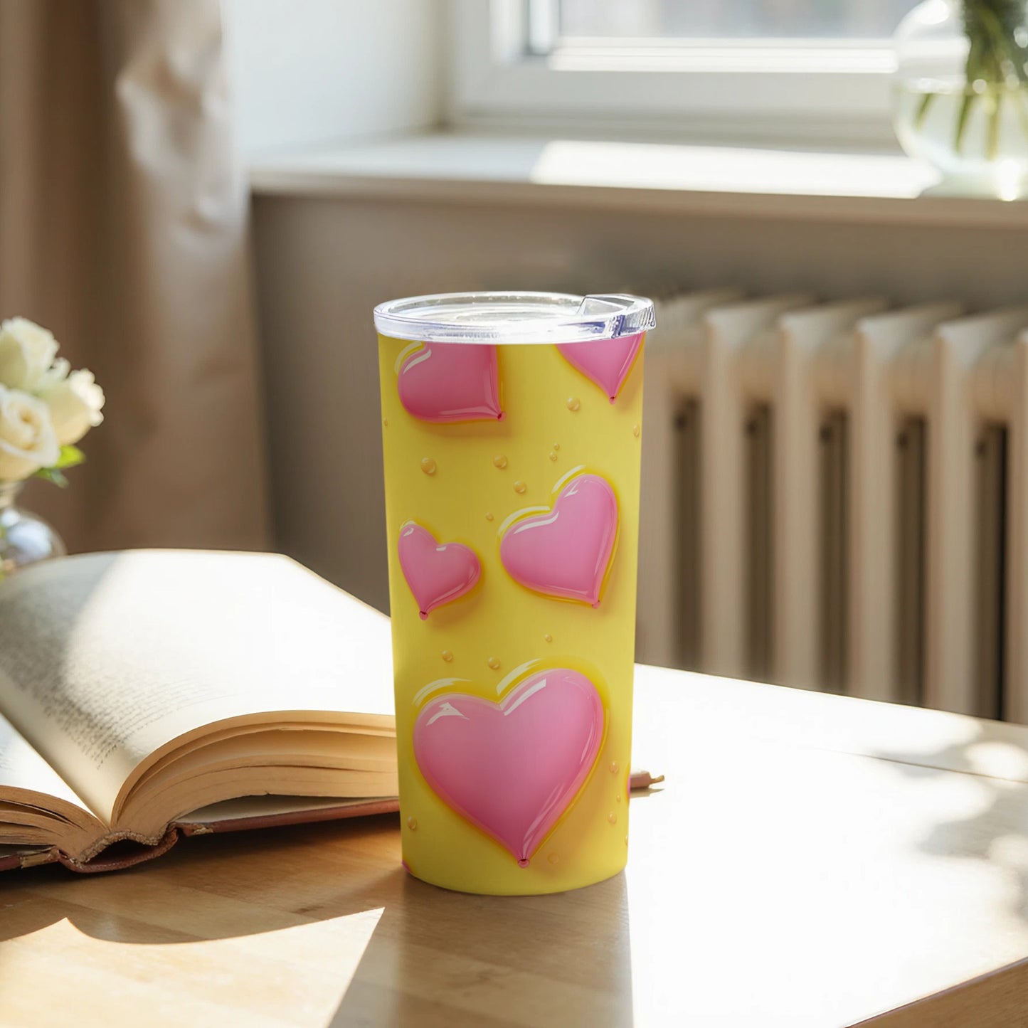 Charming Yellow Tumbler with Pink Heart Designs