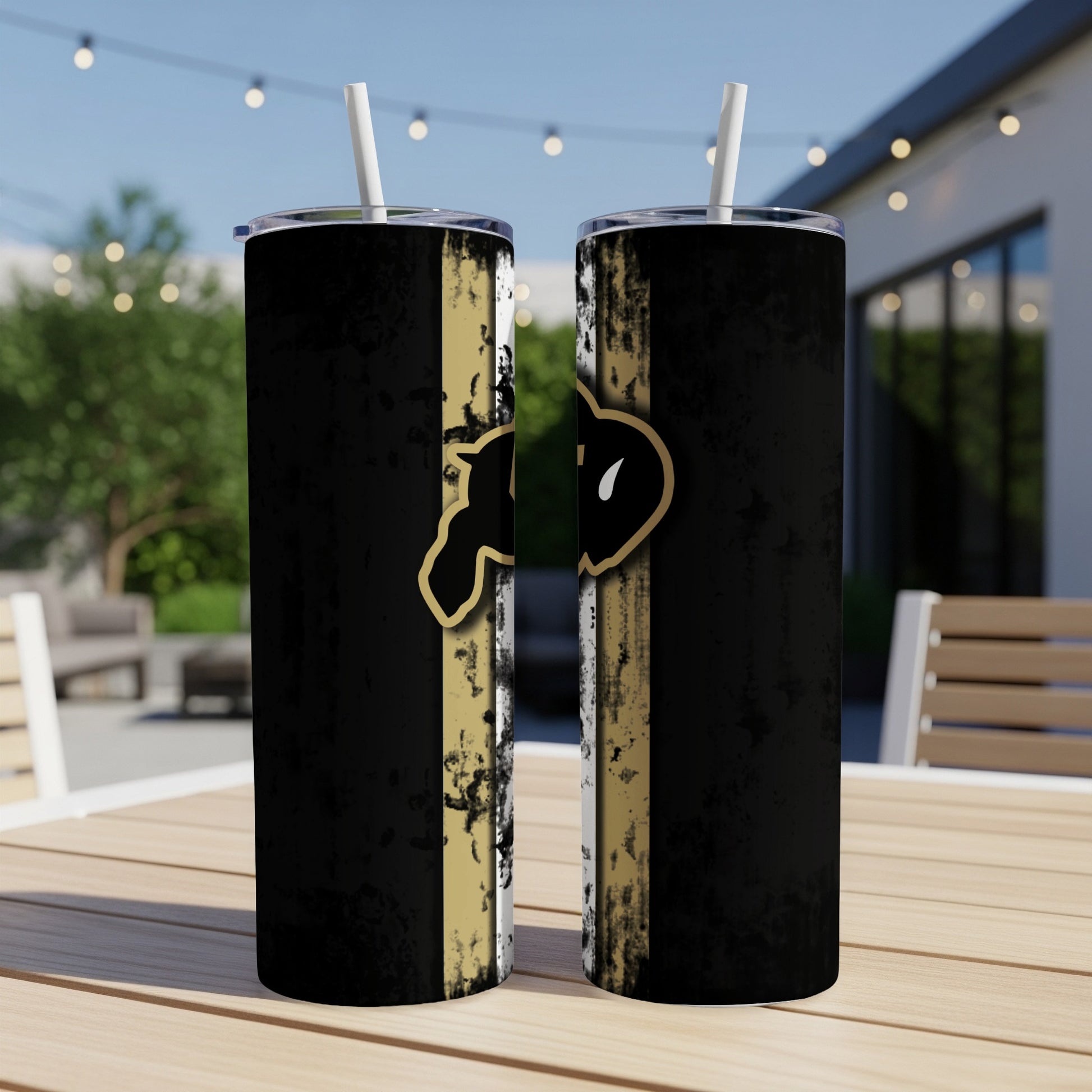 Two black tumblers with gold and white distressed stripes and a gold outlined logo.