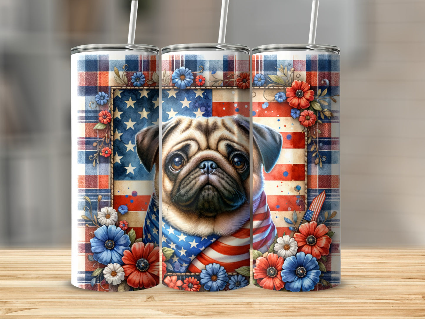 Pug in patriotic bandana and stars, surrounded by flowers and plaid.