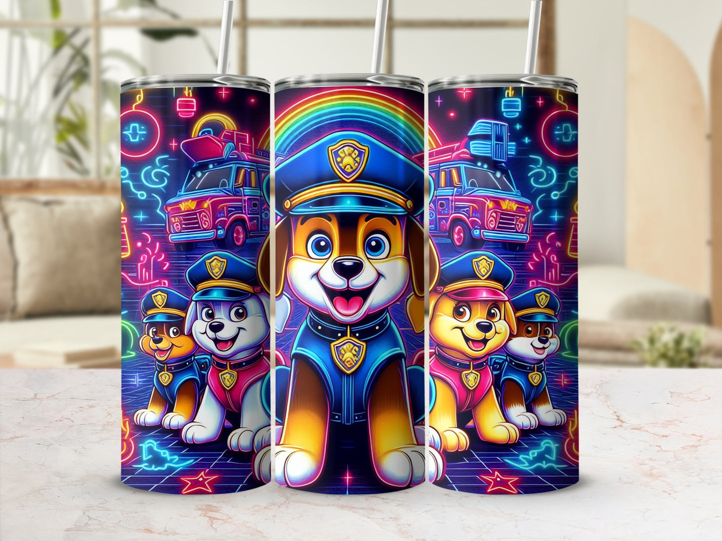 Colorful Neon Cartoon Puppy Adventure Tumbler