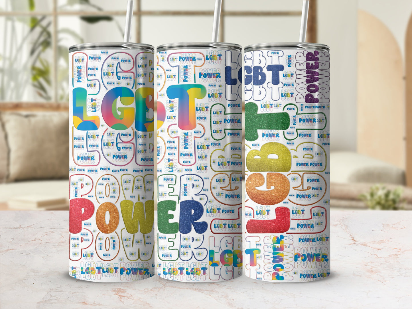 Tumbler with repeating "LGBT POWER" text and rainbow color accents.