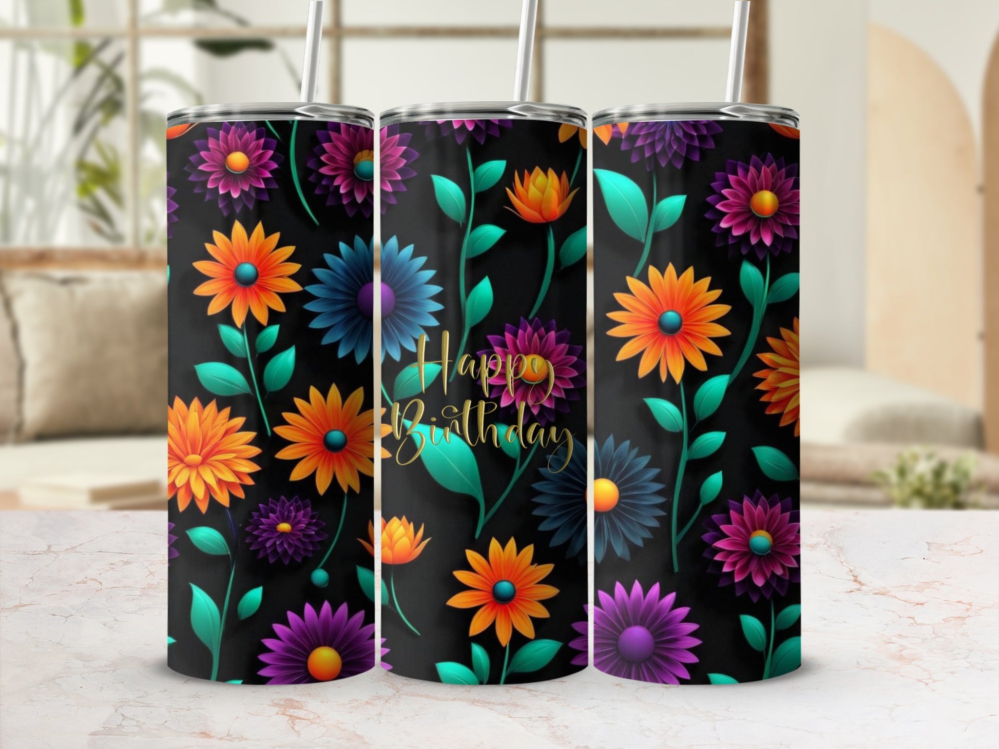 Tumblers with colorful floral design and "Happy Birthday" text.