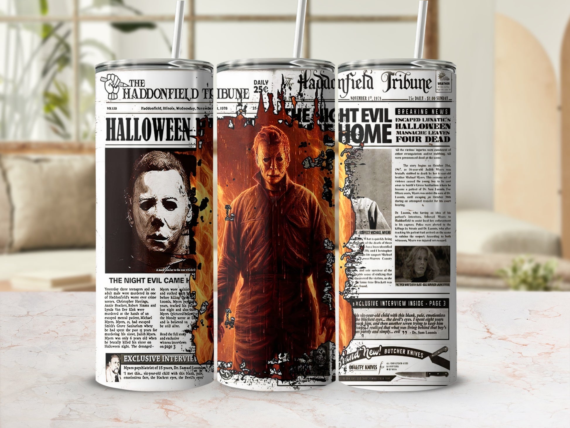 Haddonfield Tribune newspaper cover featuring Michael Myers and Halloween massacre headlines.
