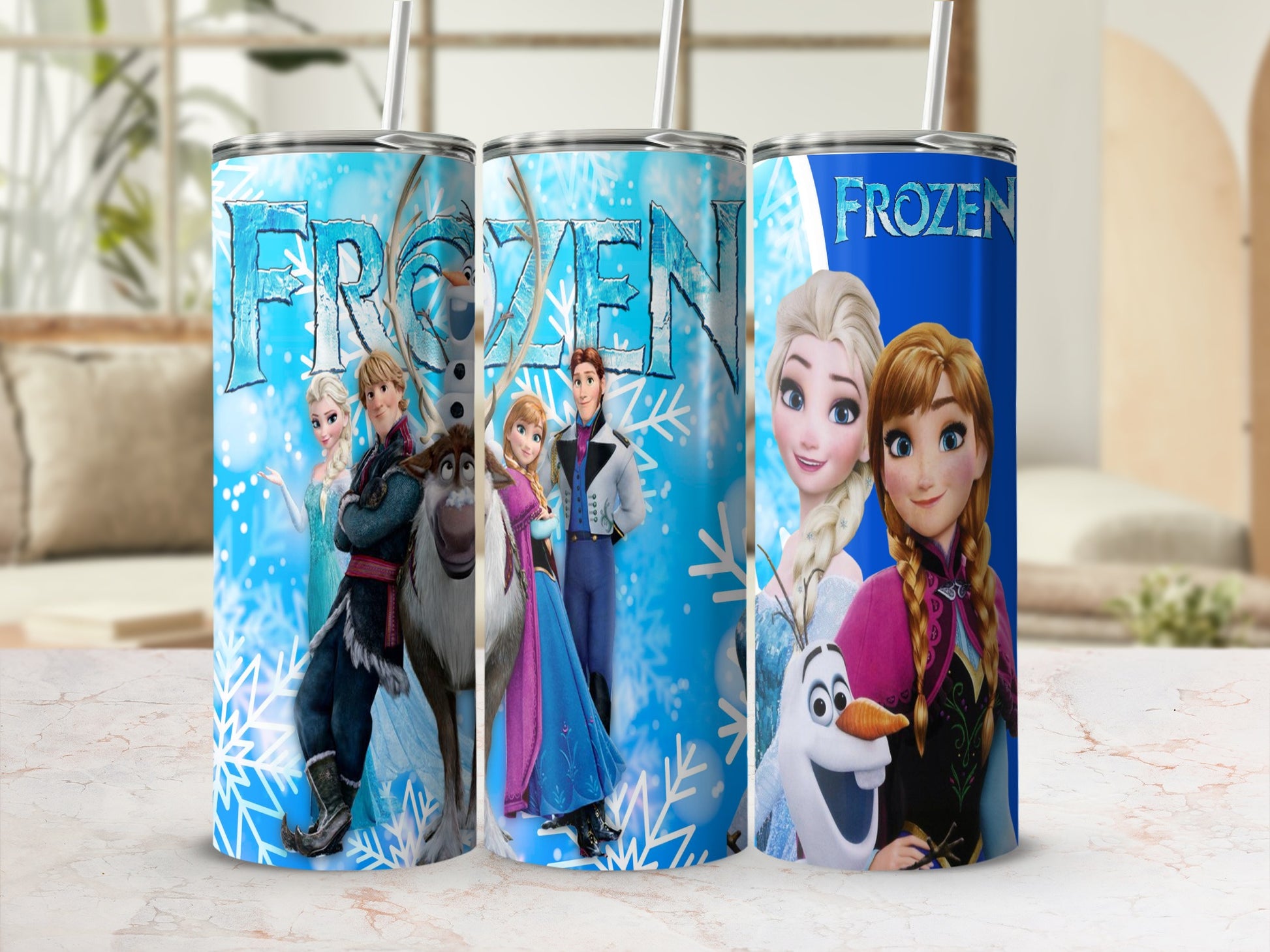 Frozen characters Elsa, Anna, Kristoff, Sven, and Olaf on blue patterned tumblers.