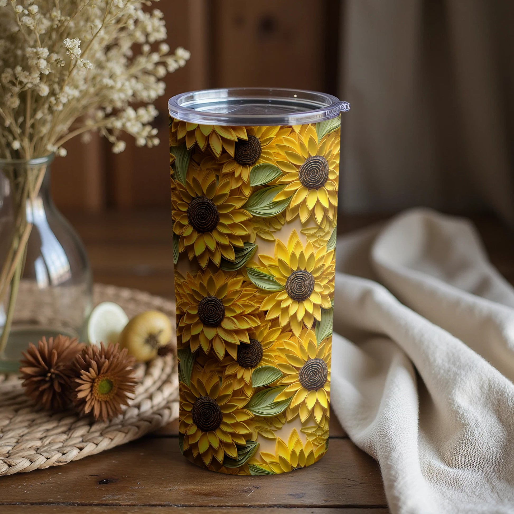 Vibrant Sunflower Design Tumbler with Lid for All Drinks