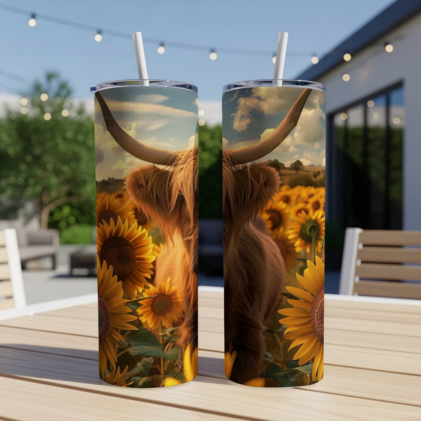 Highland cow in a sunflower field on two matching tumblers.