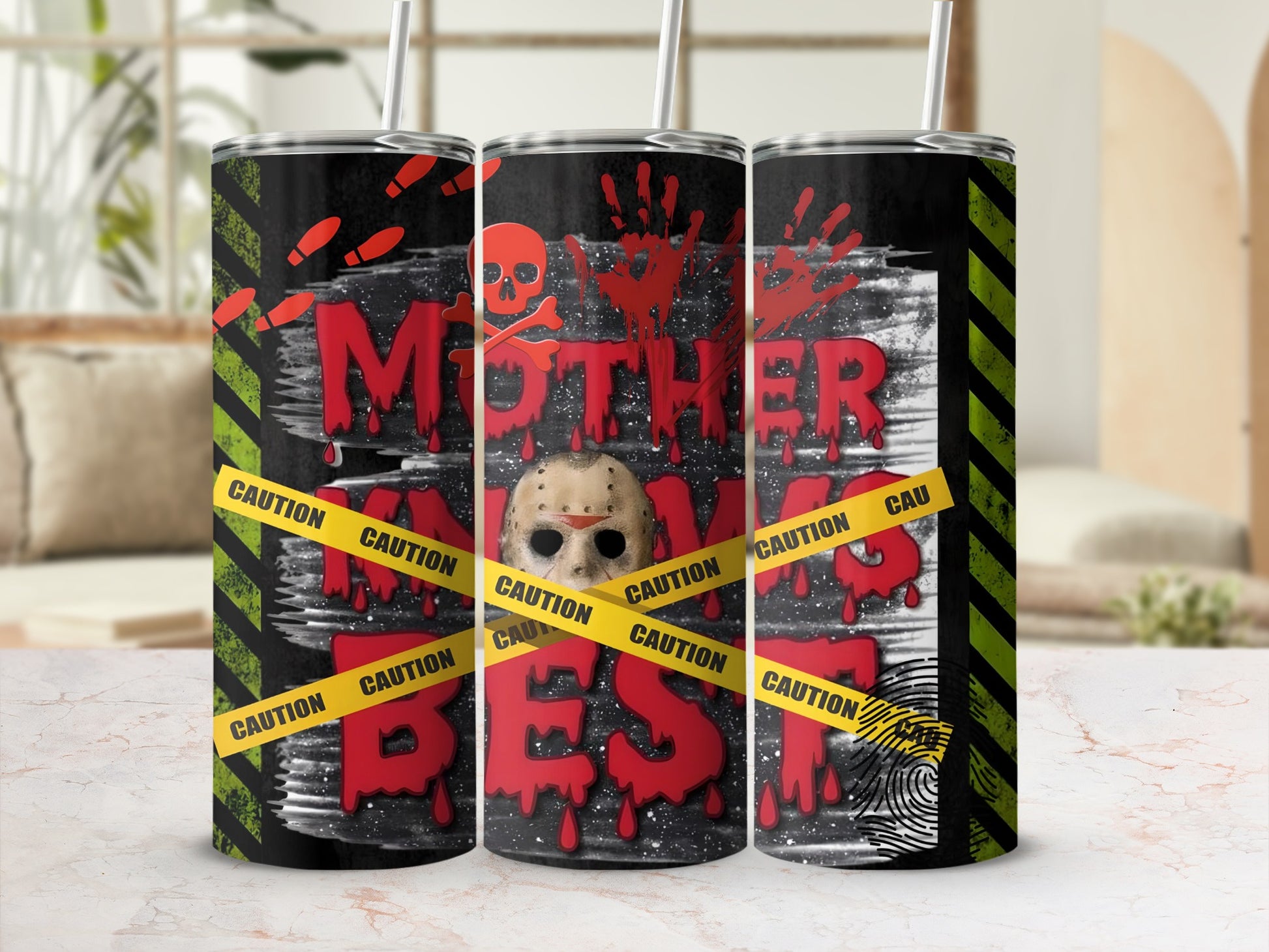 Mother Knows Best Caution Skull Horror Tumbler
