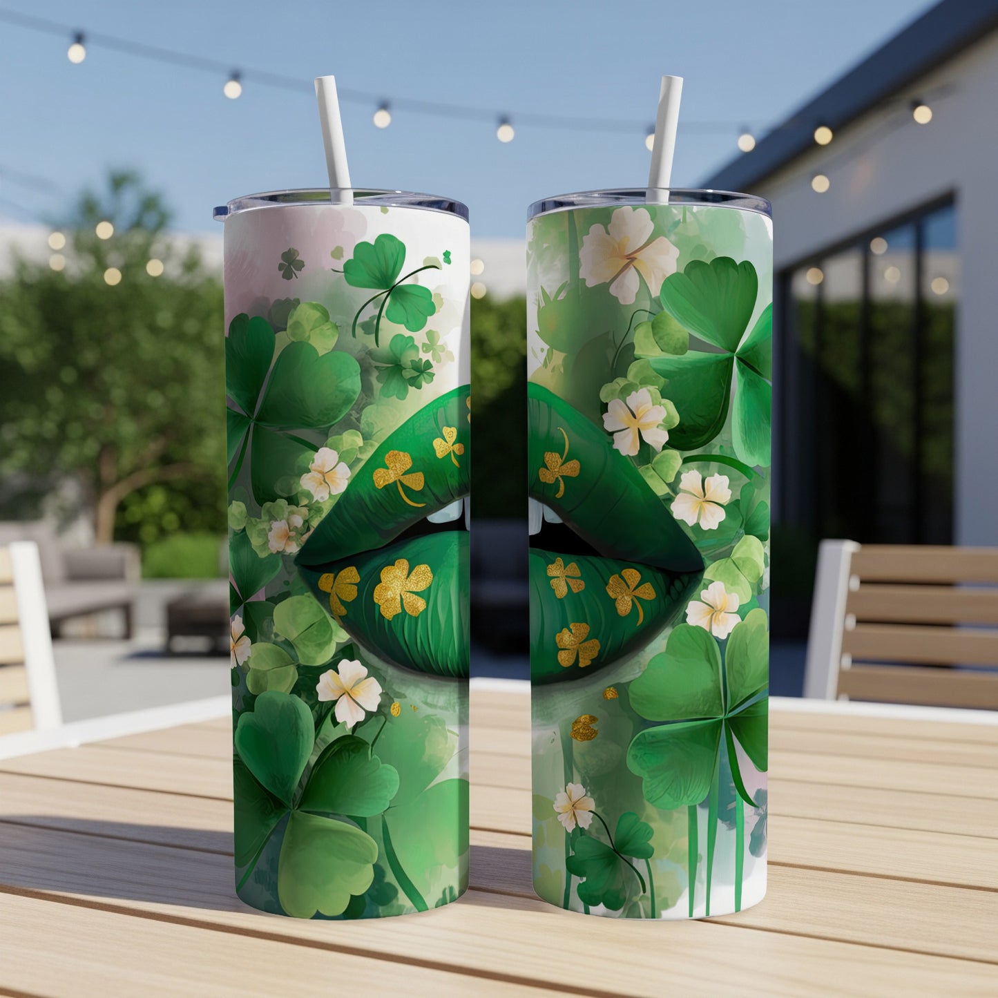 Two tumblers with green lips and shamrock design.