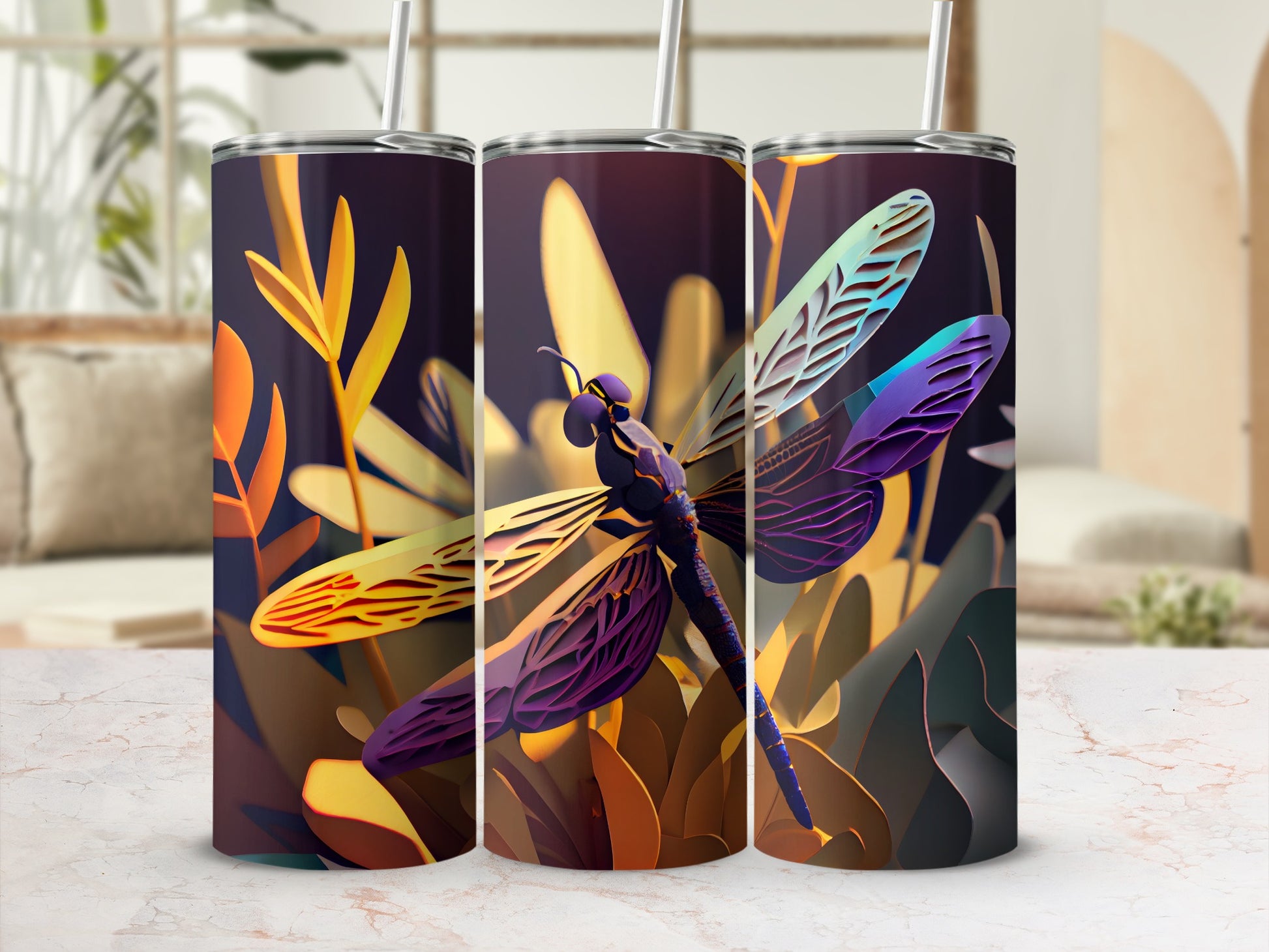 Colorful Dragonfly Design with Abstract Leaves Tumbler