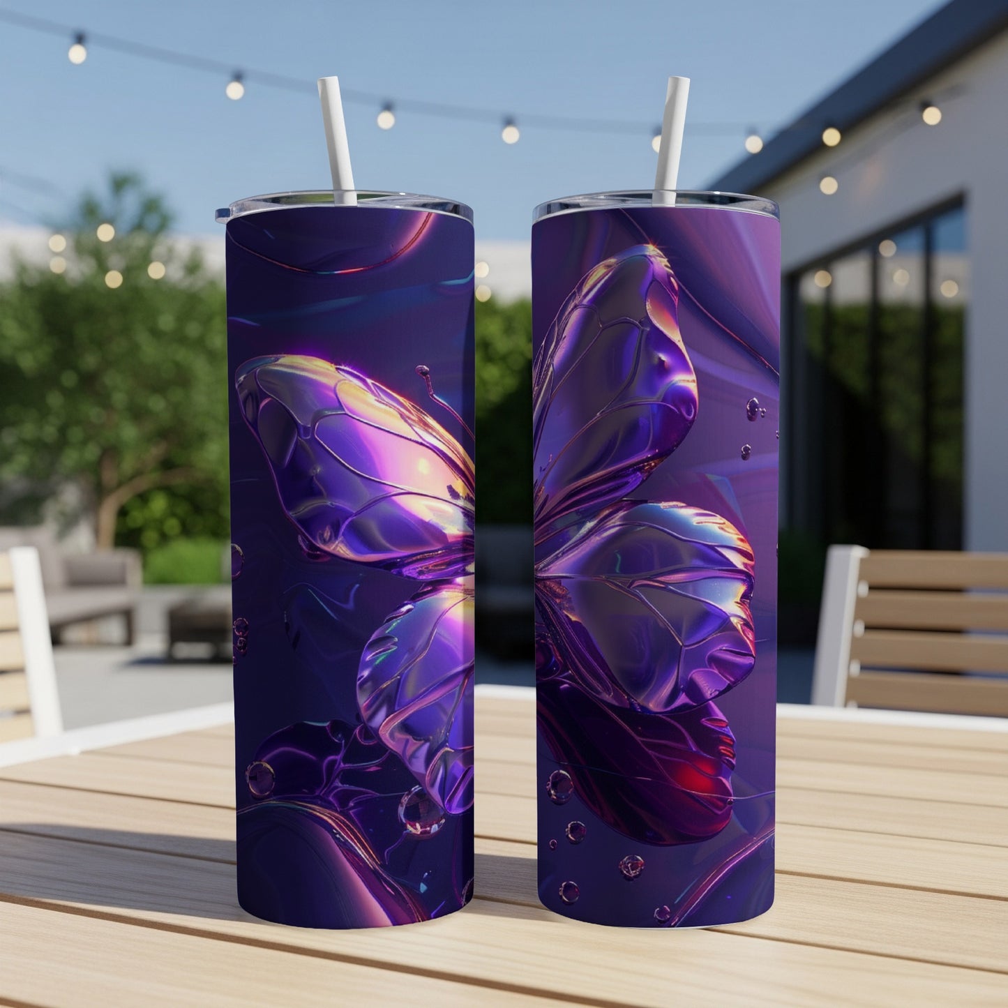 Purple iridescent butterfly on a tumbler with outdoor background.