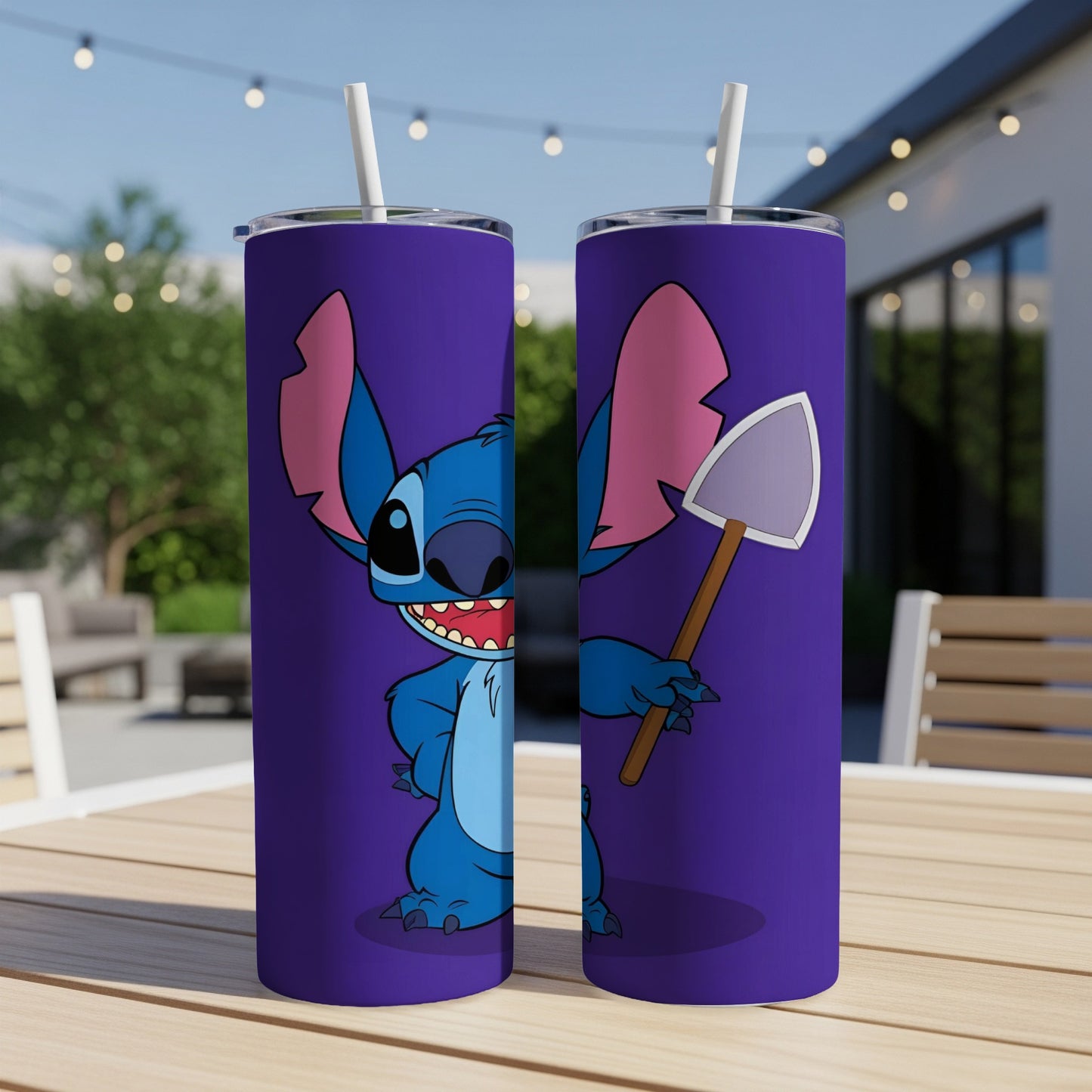 Stitch character from Lilo & Stitch holding a shovel on a purple tumbler.