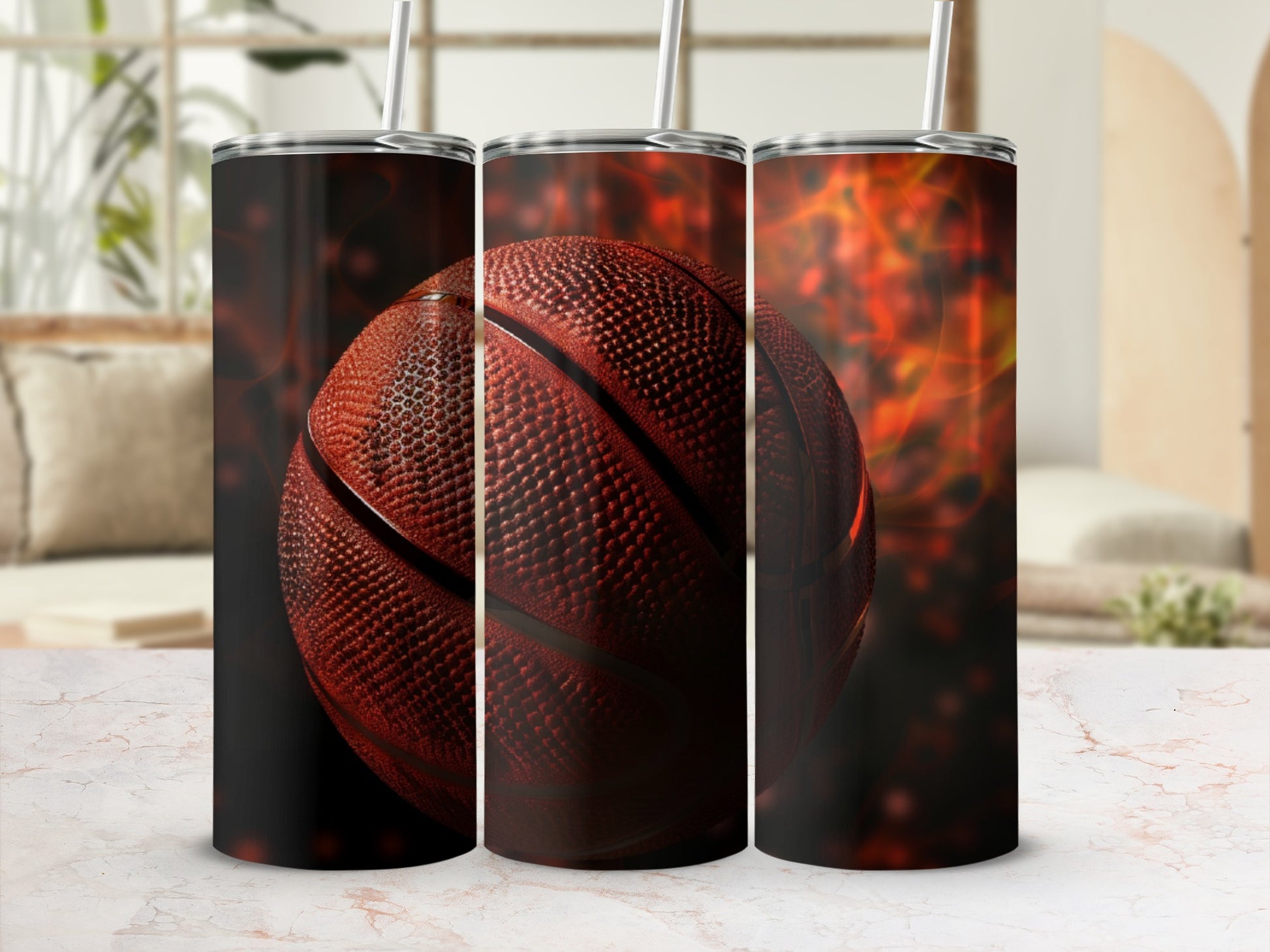 Three basketball tumblers with fiery background, showcasing textured basketball design.