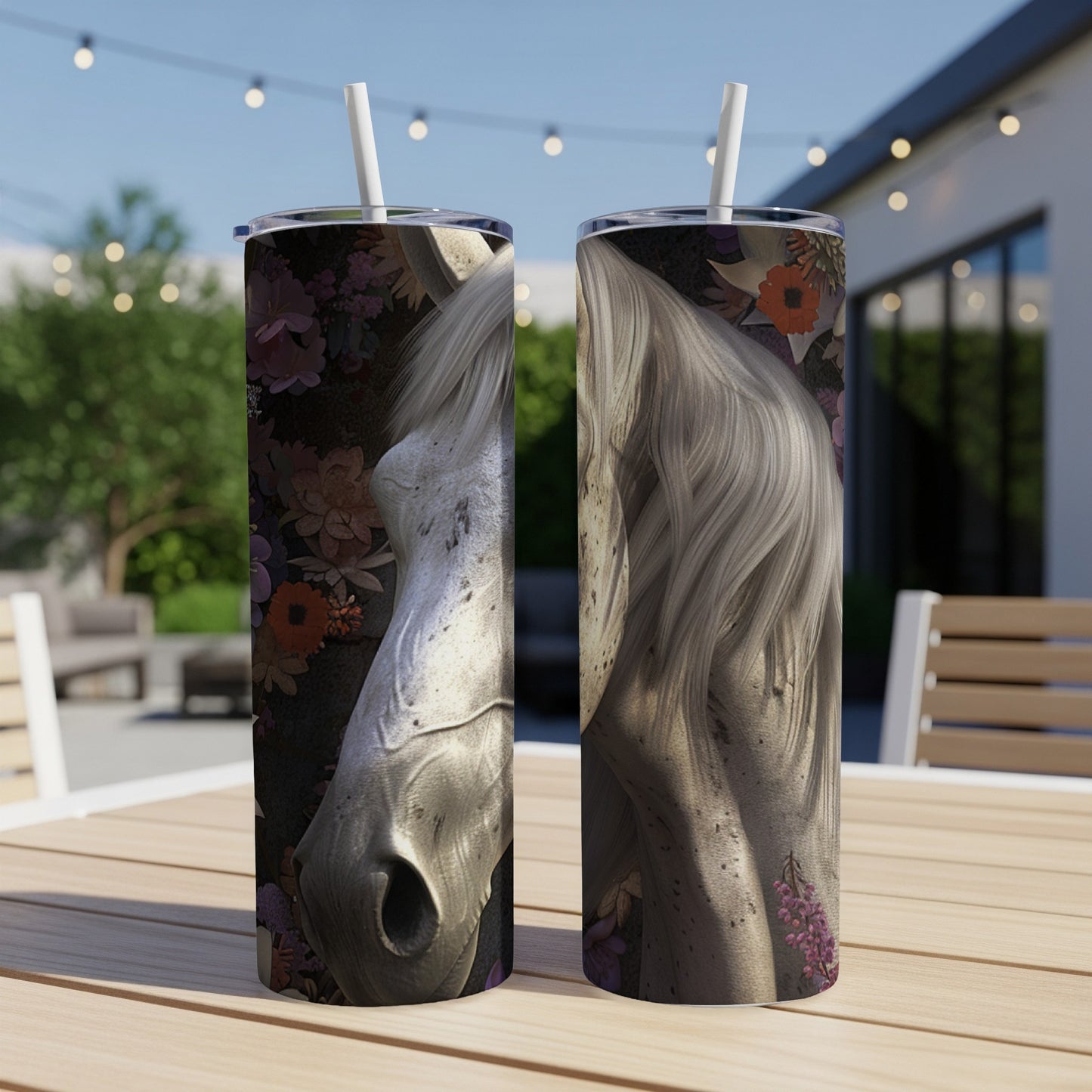 Two tumblers with a white horse head and floral design.